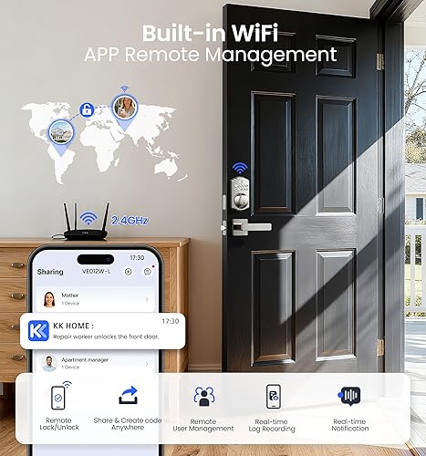 Miniatura 2 de Veise VE012W-L - Cerradura inteligente de huellas dactilares WiFi integrada con juego de manija de palanca, control remoto de aplicación, entrada
