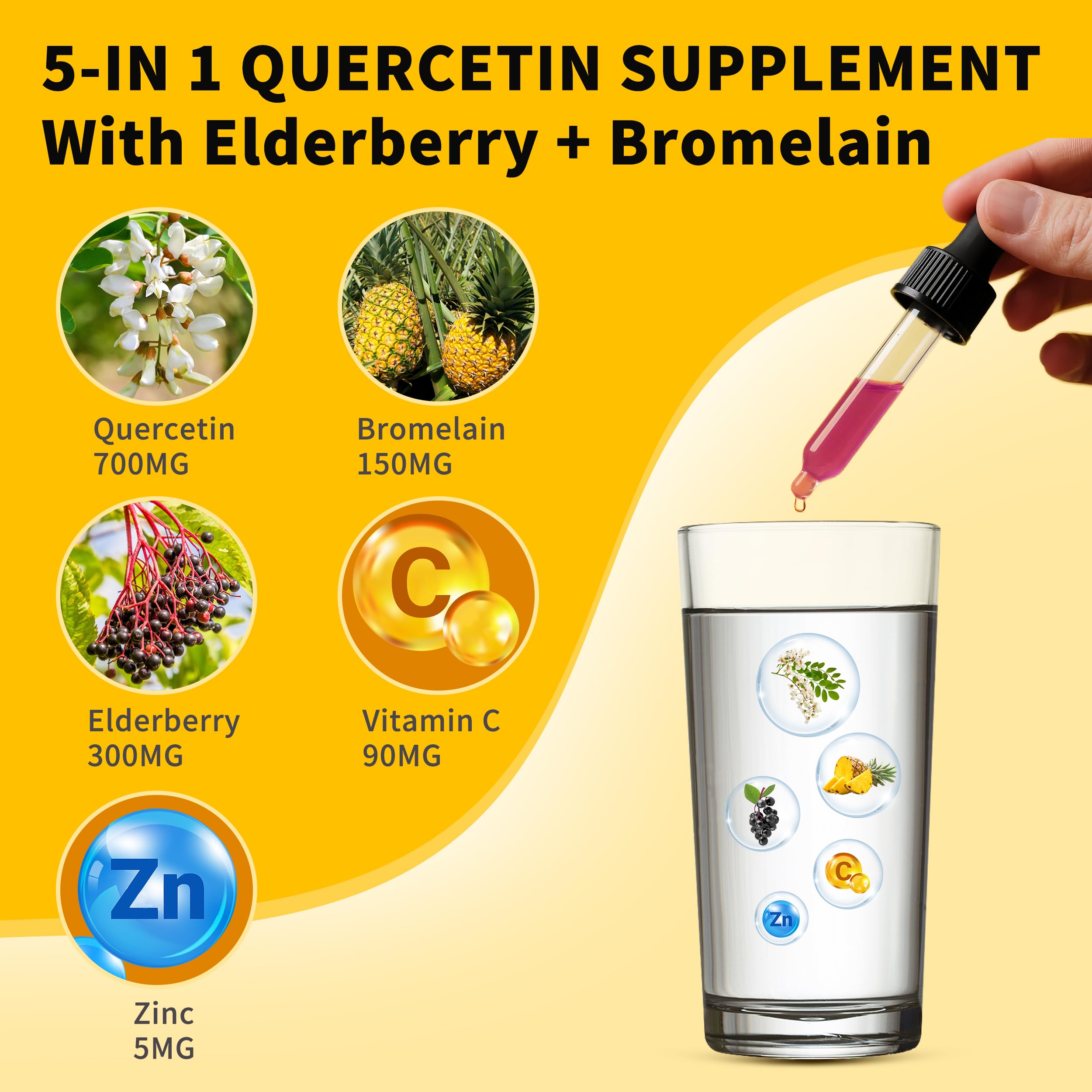 Liposomal Quercetin with Bromelain Liquid Drops for Kis & Aldult- Higher Absorption, Quercetin Supplements 700mg w. Bromelain Elderberry Zinc Vitamin C for Immune, Heart, Antioxidant Support — Amazon image 3
