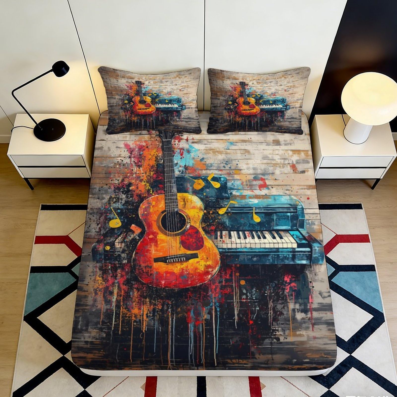 Pnayamiorkfel Style-1 3D Printed Guitar Piano Fitted Sheet Microfiber Artistic Music Notes Mattress Cover Bedroom Dorm Decor 90X200x25cm