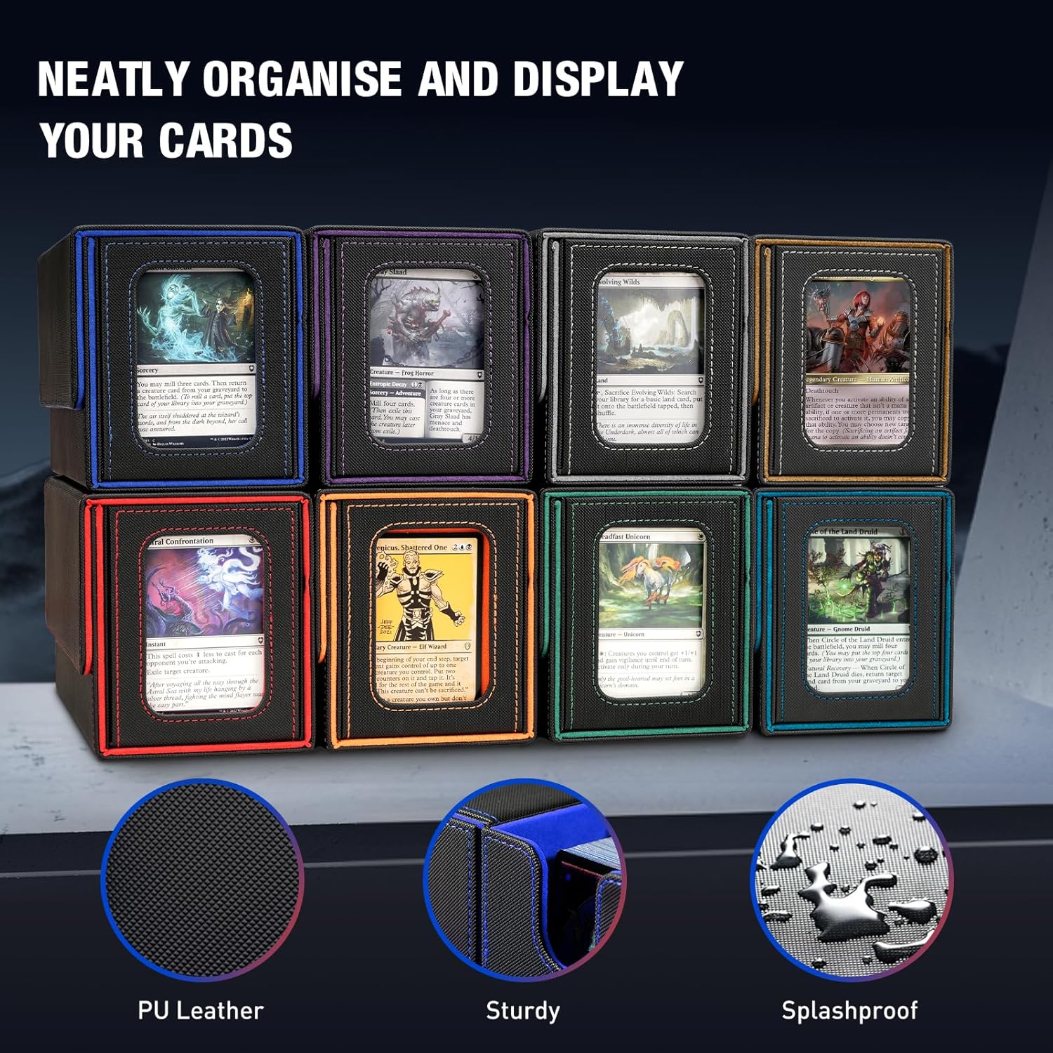 TiMOVO MTG Deck Box, Commander Deck Case Fits 200+ Double-Sleeved Cards, Magnetic Leather Card Storage Box with 2 Commander Display & 4Dividers & Dice Tray Fit YuGiOh TCG CCG Magic Cards, Black+Blue