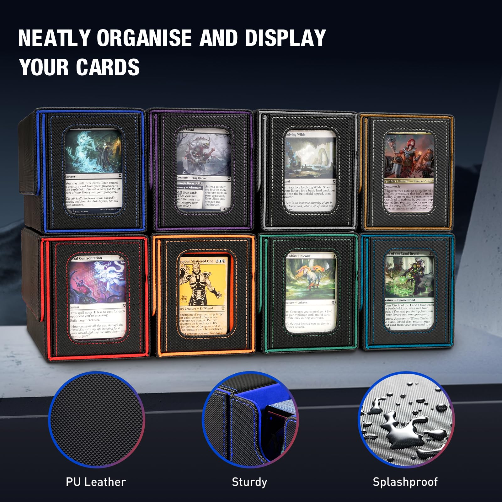 TiMOVO Scatola Porta Mazzi di Carte Magic, Scatola Magnetica con 2 Commander Display e 4 Divisori per 200+ Carte e 1 Vassoio per Dadi, Deck Box in Pelle per Carte Magiche MTG YuGiOh TCG CCG, Nero+Blu
