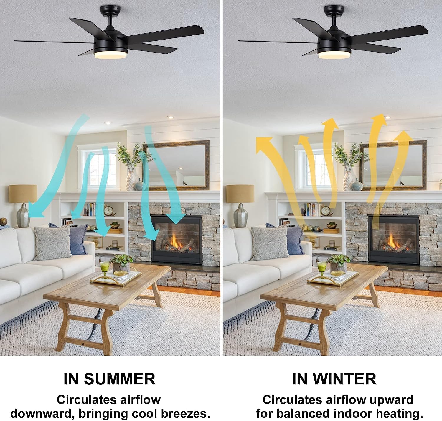 52 inch Indoor Black Ceiling Fans with Lights and Remote, Dimmable 3-Color Temperature, Quiet Reversible Motor, 5 Blades LED Modern Ceiling Fan for Bedroom, Patios