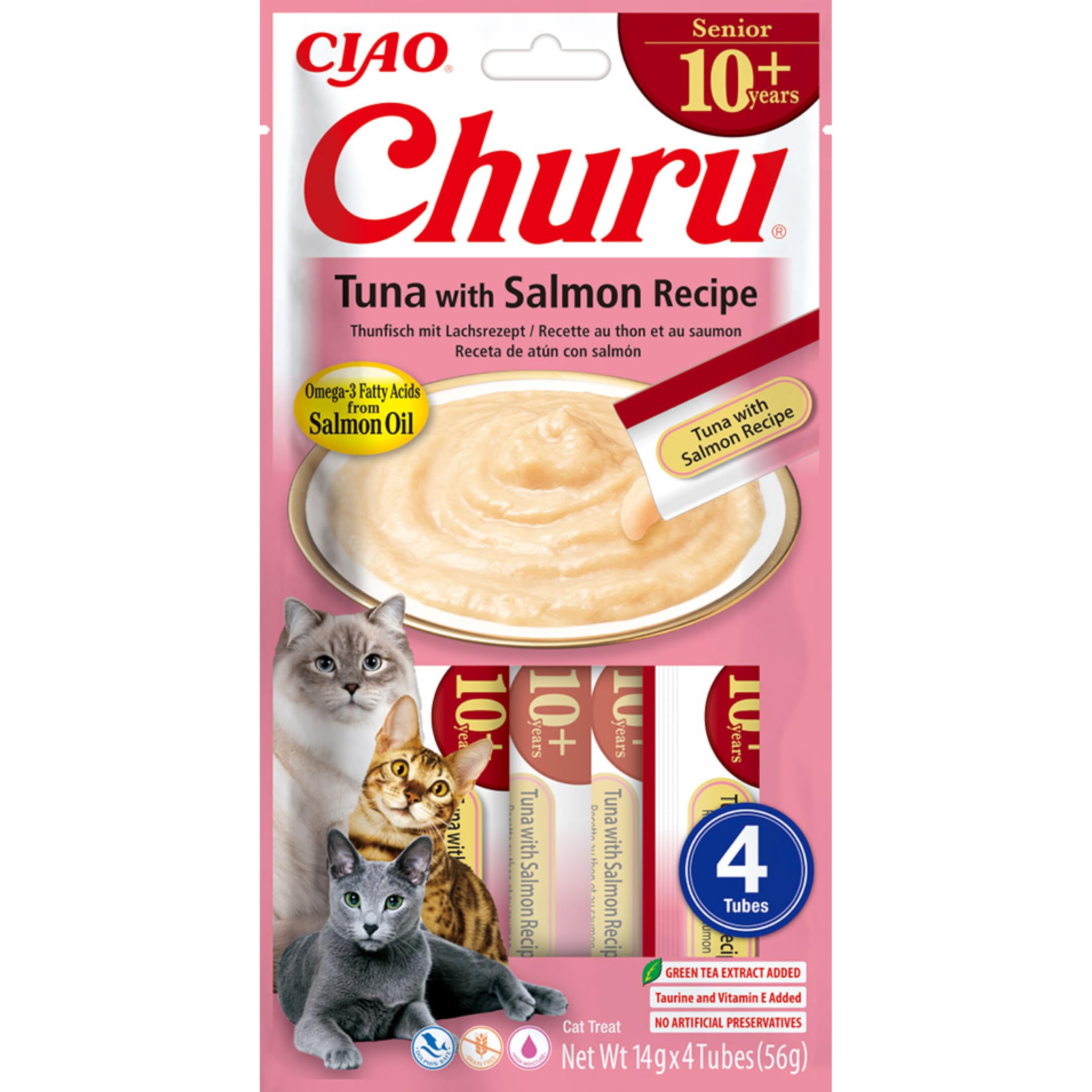 INABA Churu Sticks for Senior Cats - Tuna with Salmon - 1 Pack(4 x 14g) / Soft & Creamy INABA Cat Treat, Delicious & Healthy Snack, Lickable Sticks, Purée Food Topper, Pill Assist, Natural, Grain Free