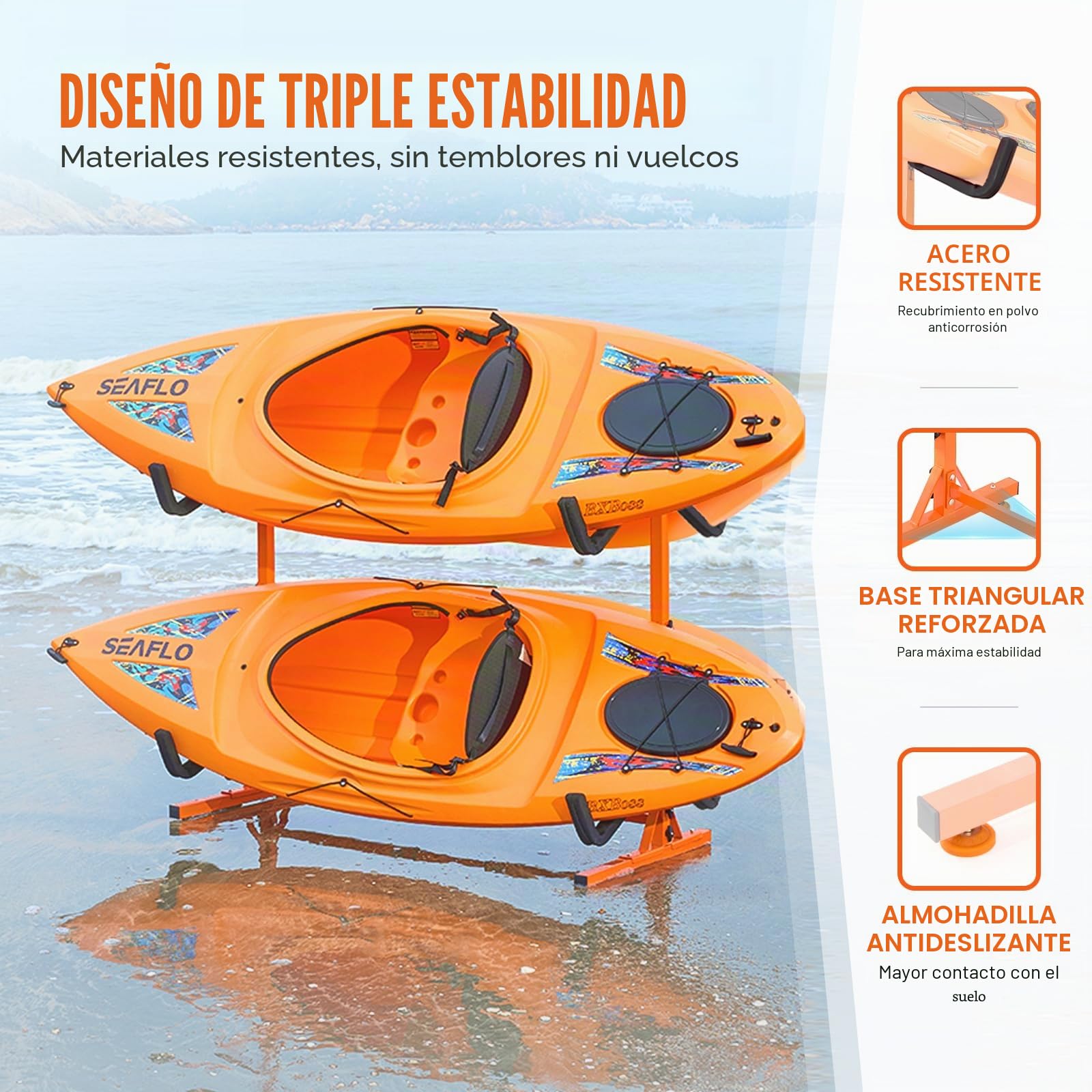 VEVOR Soporte para Kayak Independiente, 4 Piezas de Capacidad, Porta Kayak, Remo para Canoa, Soporte para Tabla de Remo de Acero Resistente con Brazos Acolchados, Ancho Ajustable, Carga 100 kg