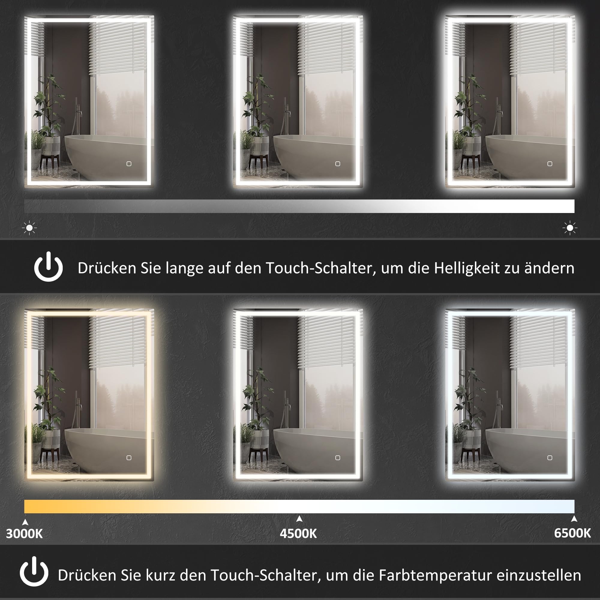 HOMCOM Badspiegel mit Beleuchtung 90x70 cm LED Spiegel Wandspiegel mit Memory-Funktion 3 Lichtfarben Beschlagfrei Lichtspiegel mit Touchschalter Silber