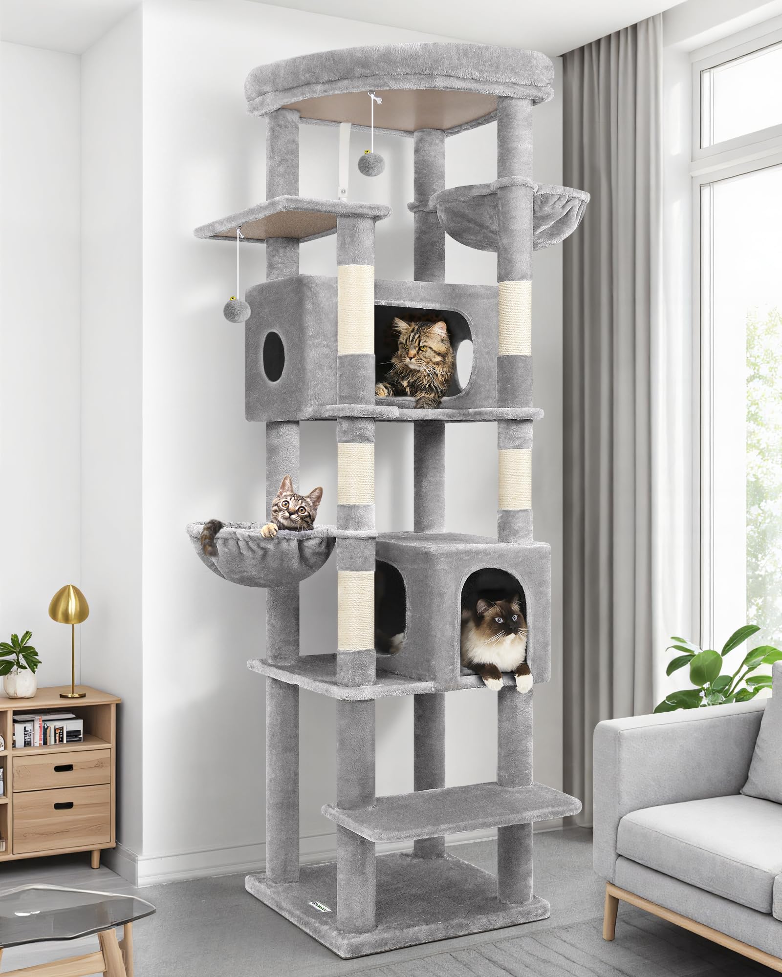 Globlazer Tiragraffi Grandi Alto 188 cm con 2 Grotta, 2 Cesto, Piattaforma Imbottiti, Antiribaltamento Albero Tiragraffi per Gatti Adulti Morbido Peluche Facile da Pulire (S74, Grigio Chiaro)