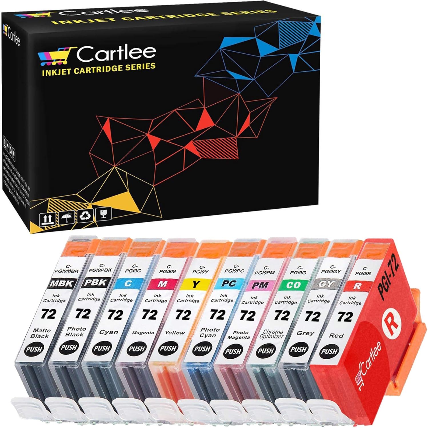 Cartlee Set of 10 PGI-72 Compatible High Yield Ink Cartridges Replacement for Pixma Pro 10 Pima pro10s pro10 Printers (1 PBK, 1 MBK, 1 C, 1 M, 1 Y, 1 PC, 1 PM, 1 R, 1 GY, 1 CO)