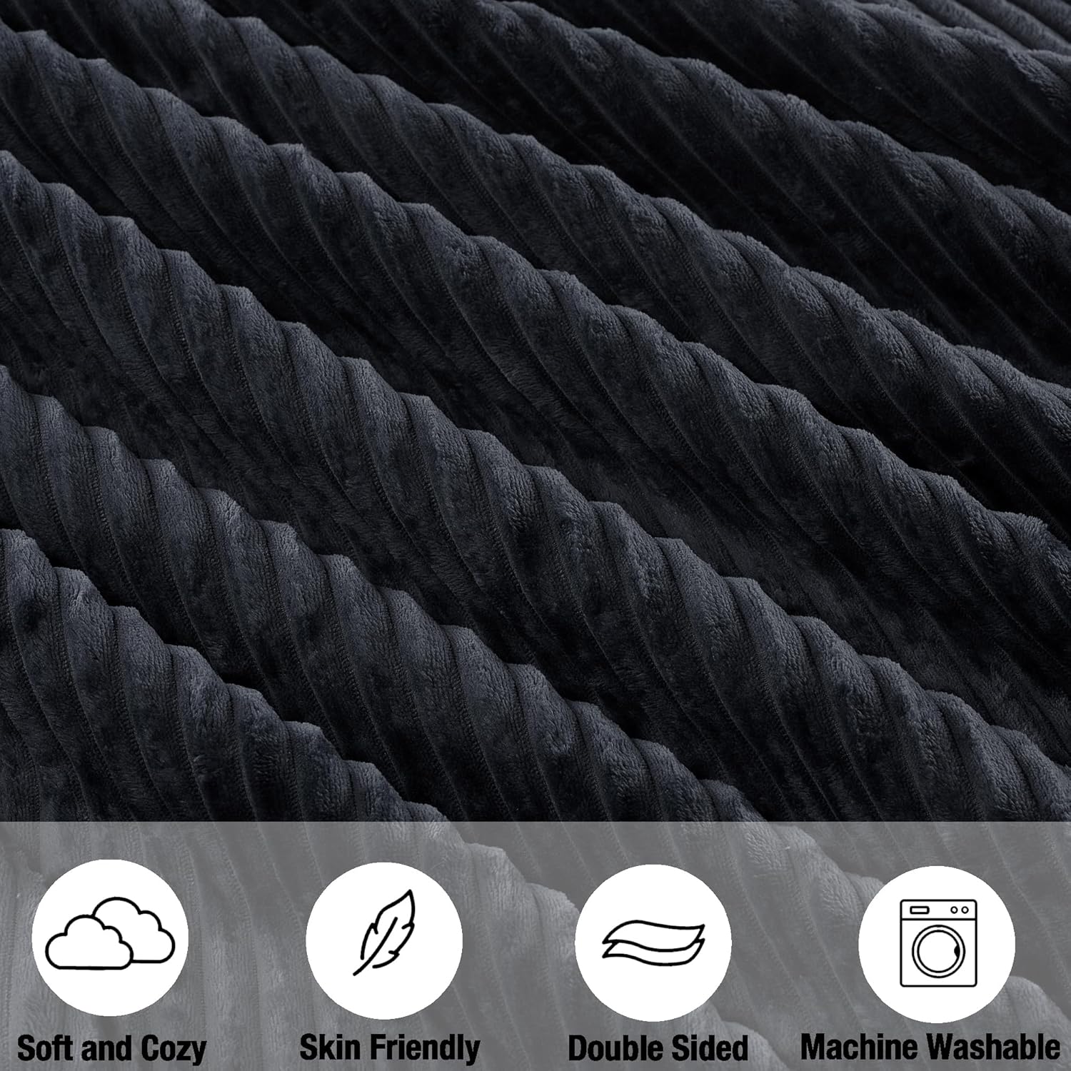 Corduroy Velvet Plush Ribbed Throw Blanket with Ultra-Soft Sherpa Reverse - Cozy Reversible Sofa & Bed Throw - All Season Décor (Jet Black, 50" x 60")