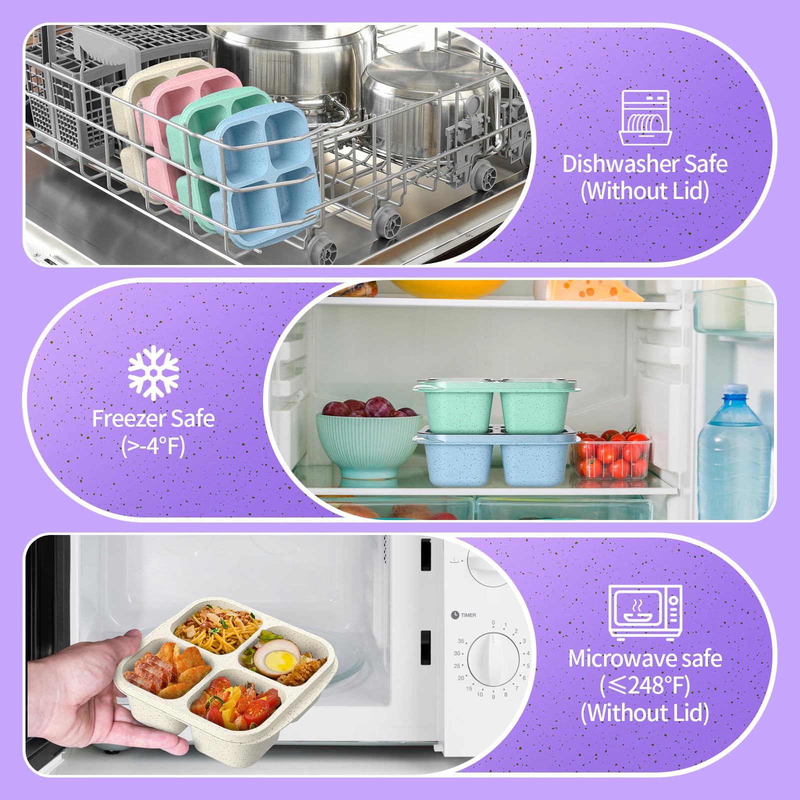 CSQLJ Snack Containers(4 Pack), 4-Compartment Meal Prep Containers, Reusable, Snack Boxes for Kids & Adults, Food Storage Containers for School, Work, Travel (Green/Blue/Pk/Beige)