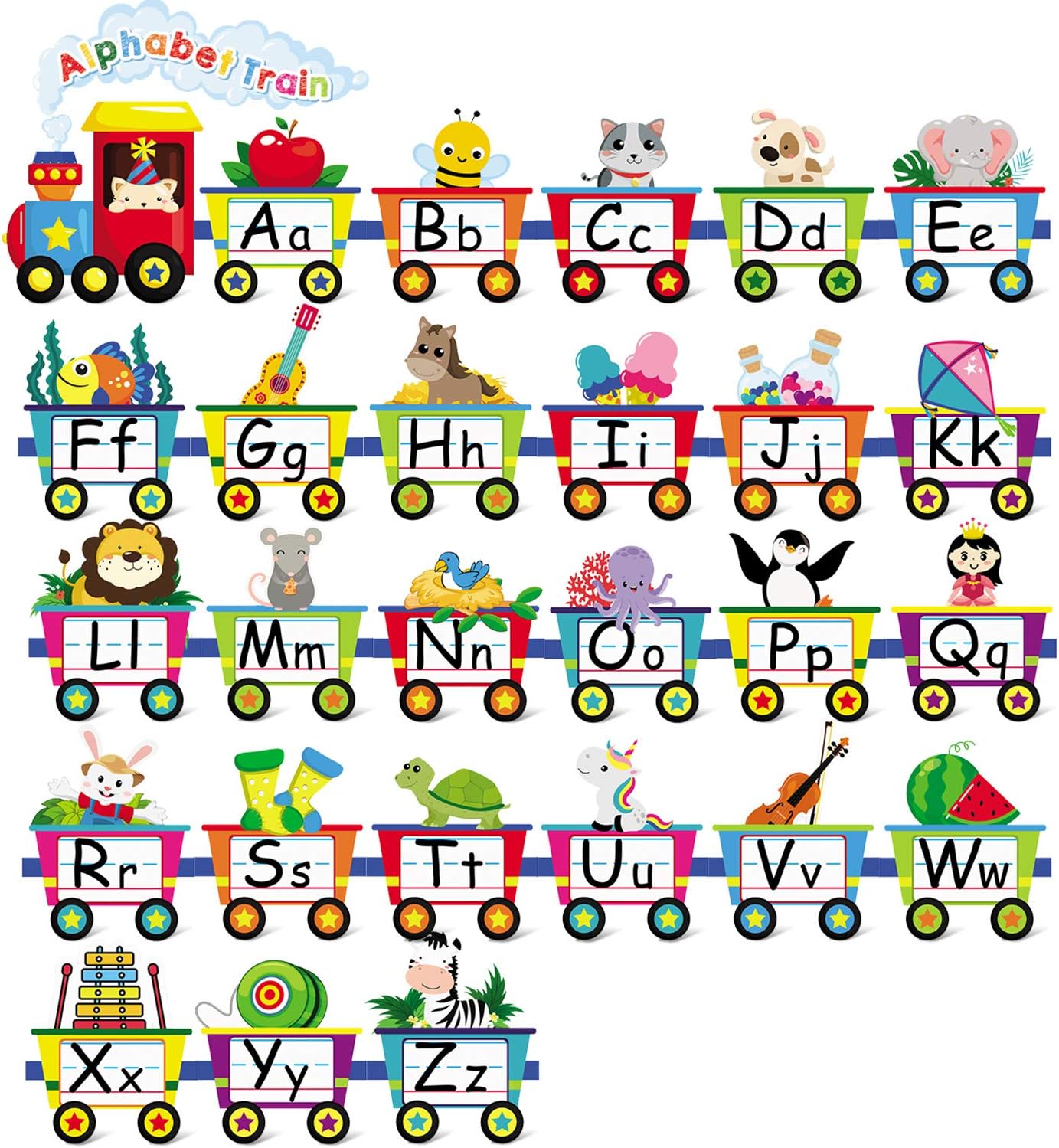 Outus Alphabet Train Bulletin Board Set Animals Alphabet Line Cards for Classroom Wall Letters Banner Decor Early Learning Bedroom Nursery Playroom Decorations Children Kids Teens