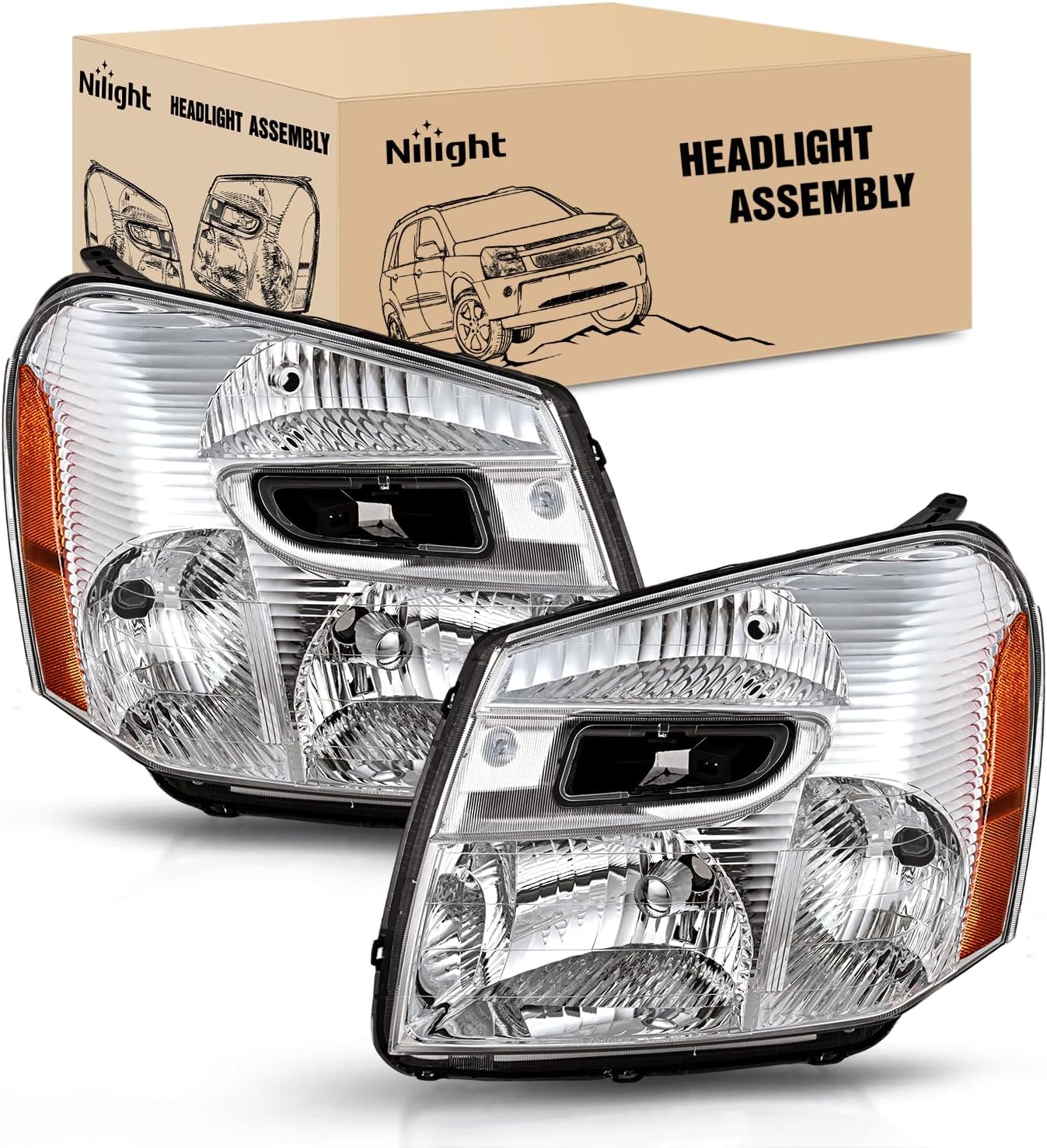 Nilight Headlight Assembly Compatible with 2005 2006 2007 2008 2009 Chevy Equinox SUV OE Style Replacement Headlights Chrome Housing Amber Reflector Headlamp Passenger and Driver Side
