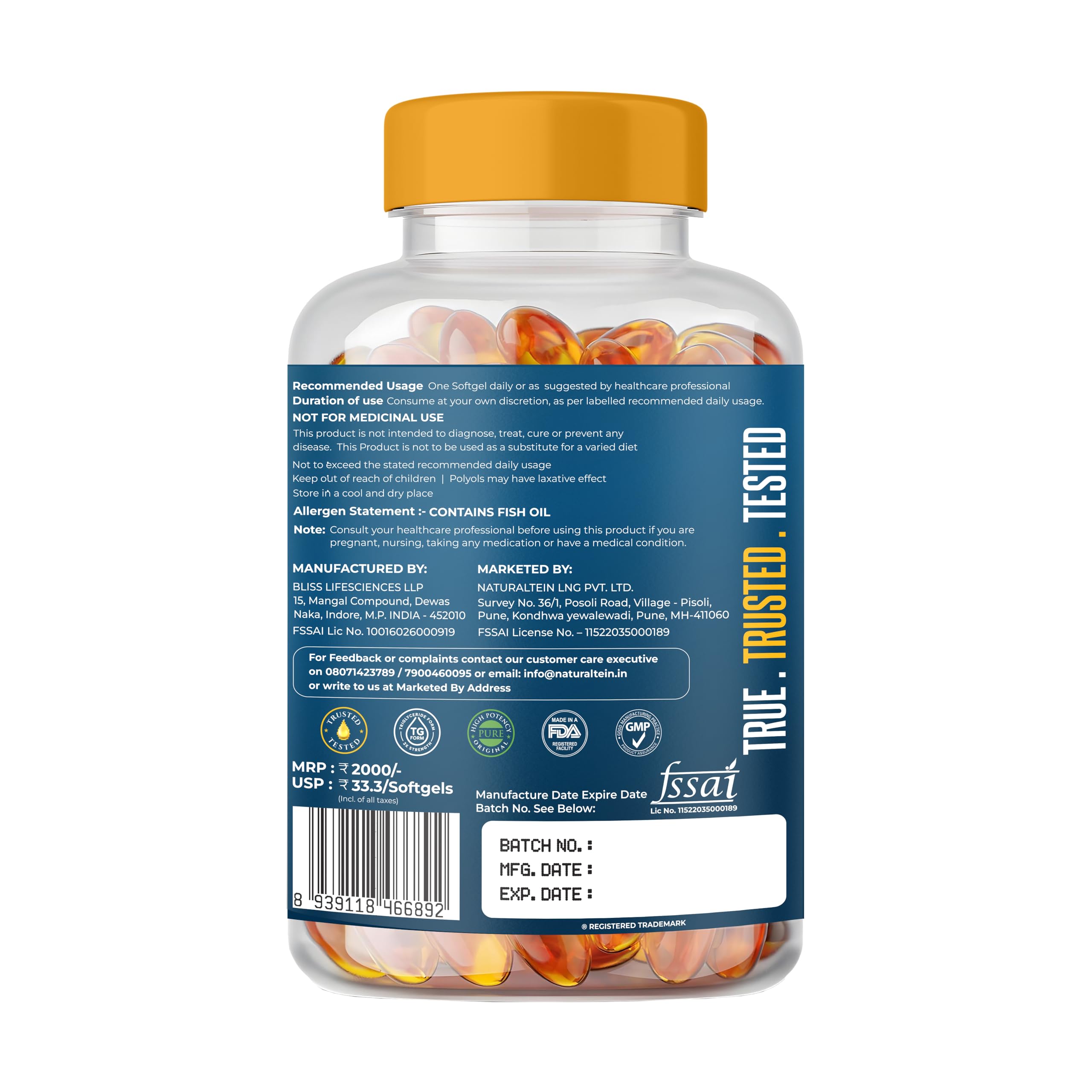 NATURALTEIN Omega-3 Fish Oil 1250mg Triple Strength Softgel Capsules | 450mg EPA & 300mg DHA in Triglyceride Form for Better Absorption | Heart, Brain, Eye & Joint Support | Glyphosate-Free | 60 Softgel Capsules | 60-Day Supply — Amazon image 2