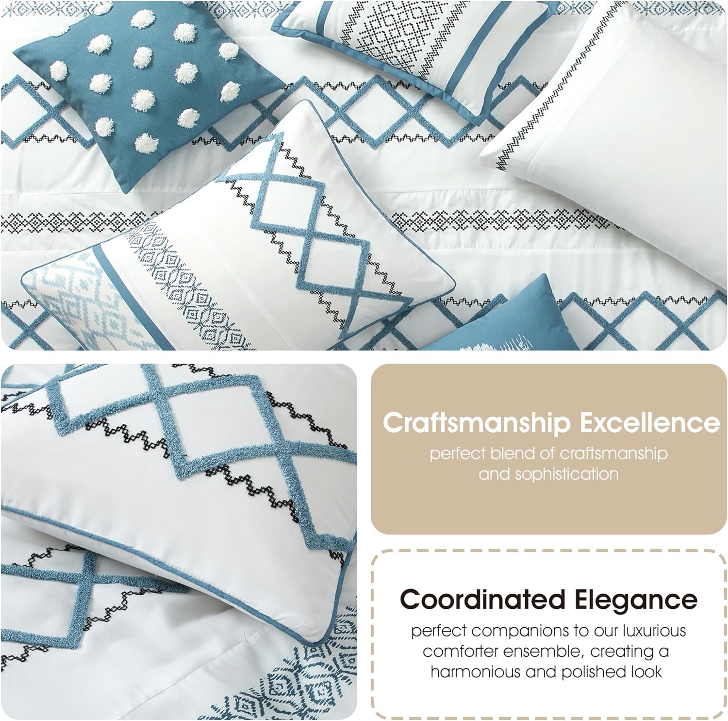 Stratford Park Blue Comforter Set Queen Size, 15 Piece Terry Embroidery All Season Room-in-A-Bag, Matching Curtains, Sheet Set, Pillows & Shams