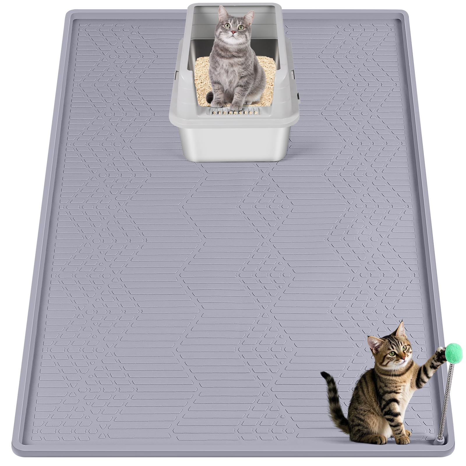 Large Cat Litter Mat with Toy Ball, 38'' x 25'' Silicone Cat Litter Trapping Mat for Scatter Control, Soft on Kitty Paws, Easy to Clean (Light Grey)