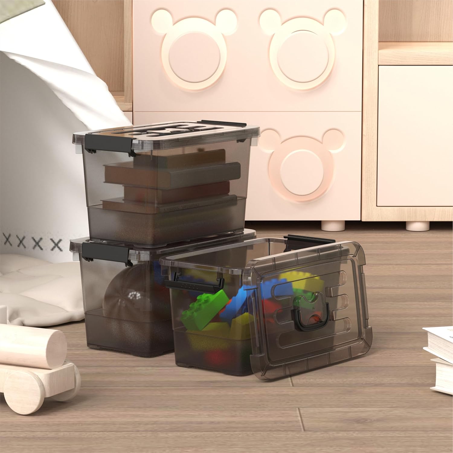 7-Quart Plastic Storage Bins with Lids 5-Pack Storage Organizer, Stackable Storage Box with Buckle Lids and Handle, Clear Black