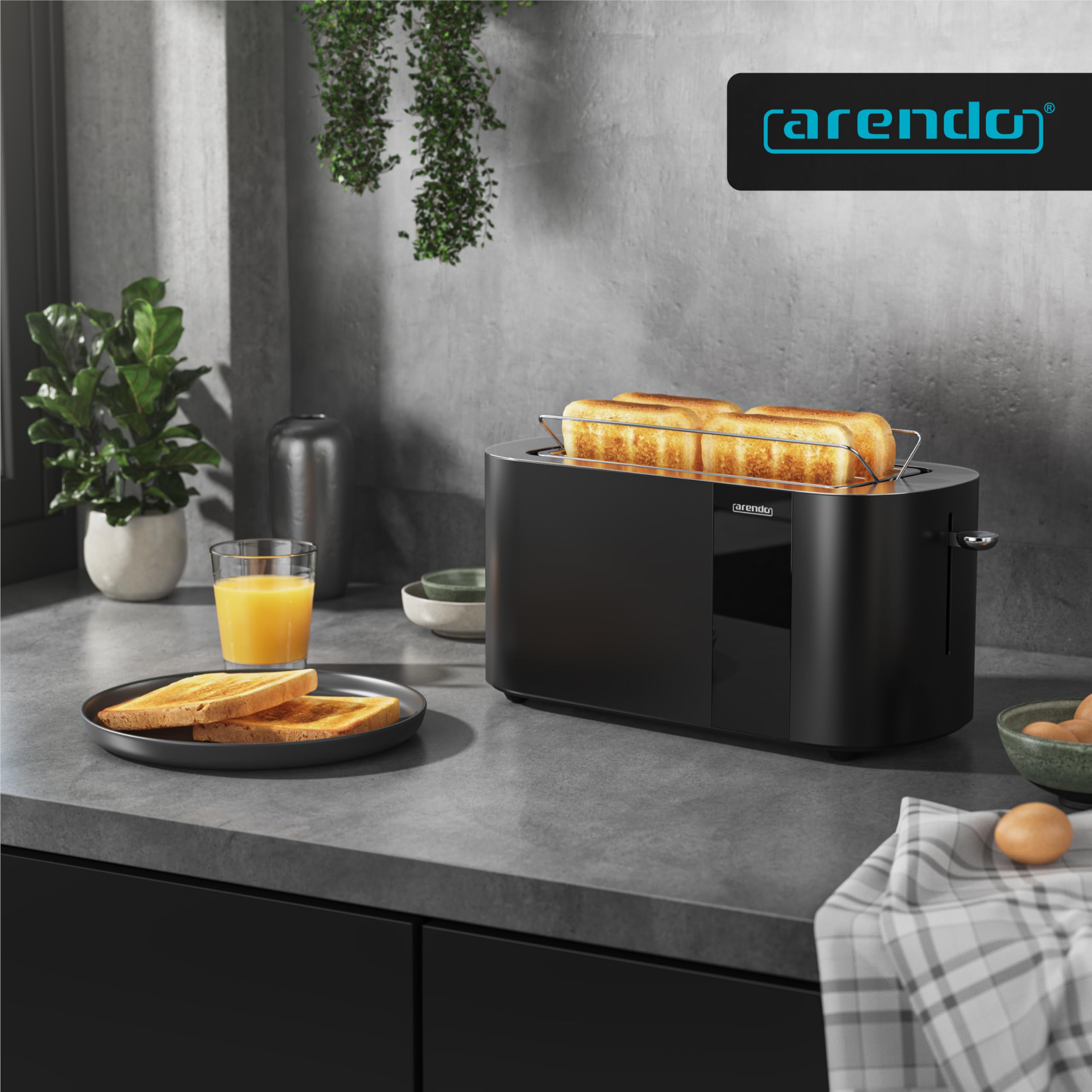 Arendo - Edelstahl Toaster 4 Scheiben Langschlitz - Touchscreen – Doppelwandgehäuse – 1500 W – Integrierter Brötchenaufsatz – 6 Bräunungsgrade – Brotzentrierung – Restzeitanzeige – Memoryfunktion