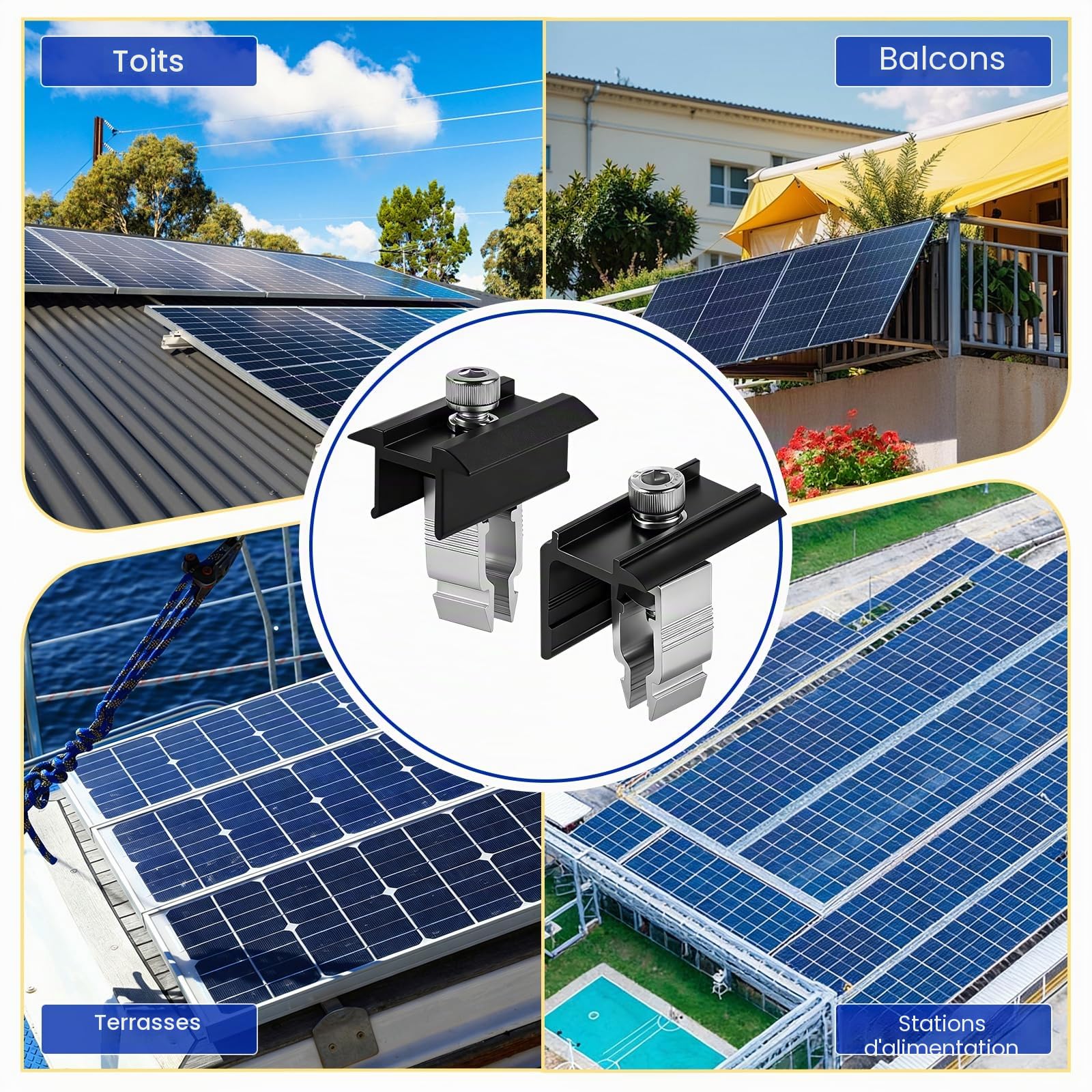 EXLECO Kit de 10 Support Panneau Solaire 30-45mm, Fixation Panneaux Solaires Photovoltaïque en Aluminium pour Rail, PV Pince de Toit - 5 Pièces Pinces Centrales et 5 Pièces d'Extrémité, Noir