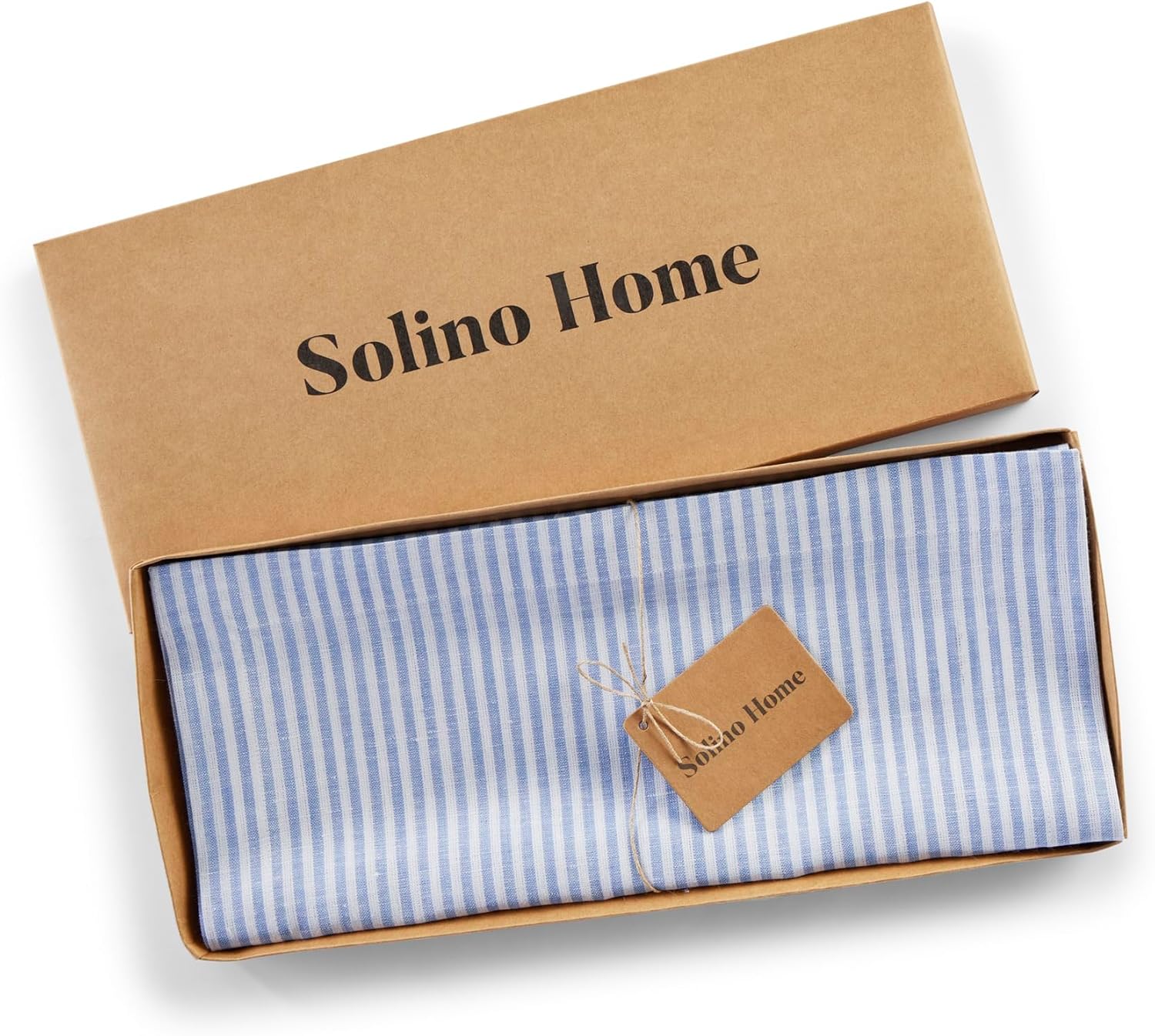 Solino Home Linen Striped Table Runner 36 Inches - Narrow Stripe, 100% Pure Linen Cornflower Blue and White Small Table Runner 14 x 36 Inch Ideal for Dresser and Coffee Tables - Spring, Summer