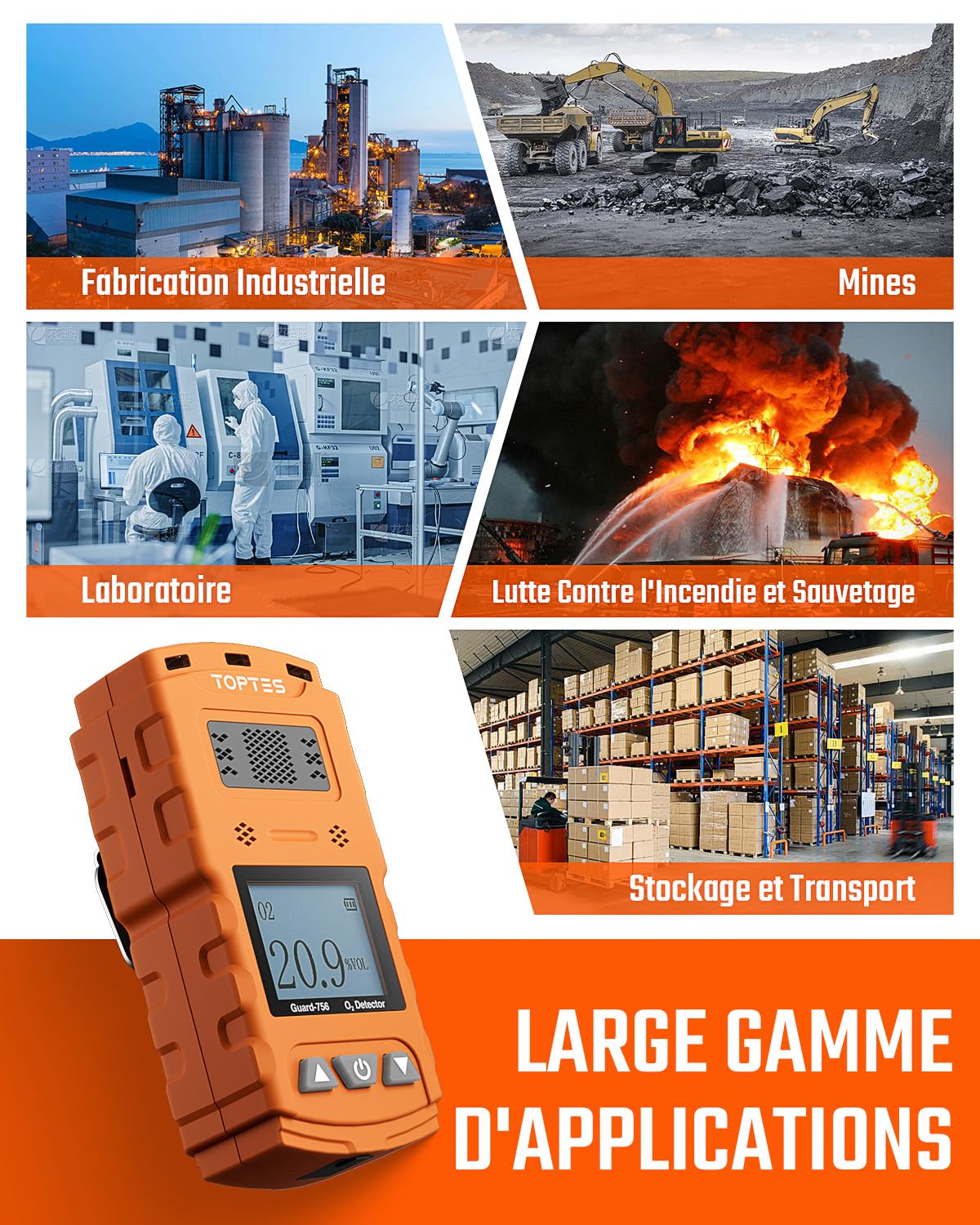 TopTes Guard-756 Moniteur O2 Amélioré, Détecteur D’oxygène, Réponse en 0,5s, Rechargeable, Alarmes par Vibration, Visuelle & Sonore, Résistant À La Poussière et Aux Explosions, pour Travail et Maison