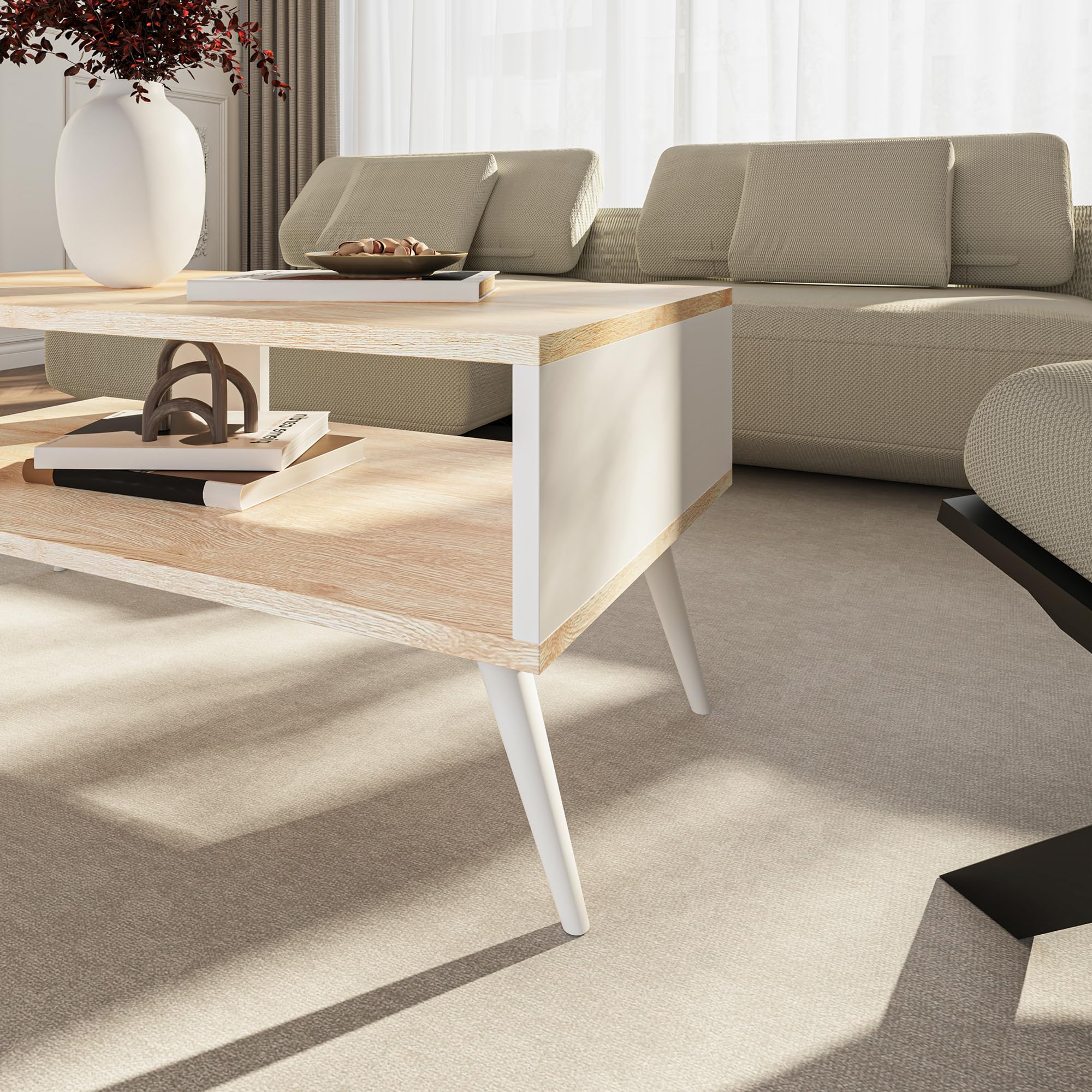 [en.casa] Couchtisch Lycksele Beistelltisch Wohnzimmertisch mit Stauraum rechteckig Eiche-Optik Weiß mit unterer Ablage Sofatisch
