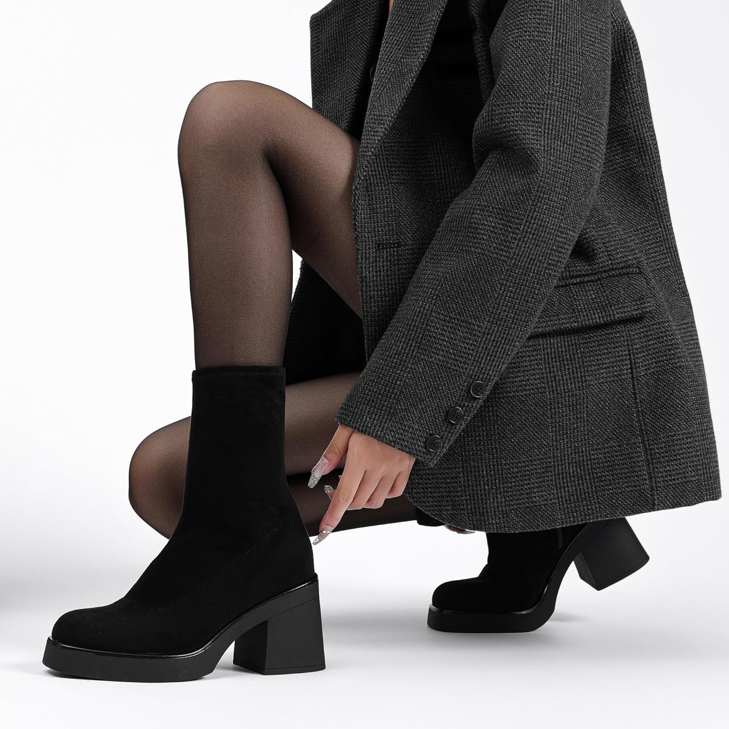 Women's Square Toe Stretch Mid Boots Calf Slouchy Platform Booties Suede Zip Chunky Block Heeled Sock Ankle Boot Shoes - Image 2