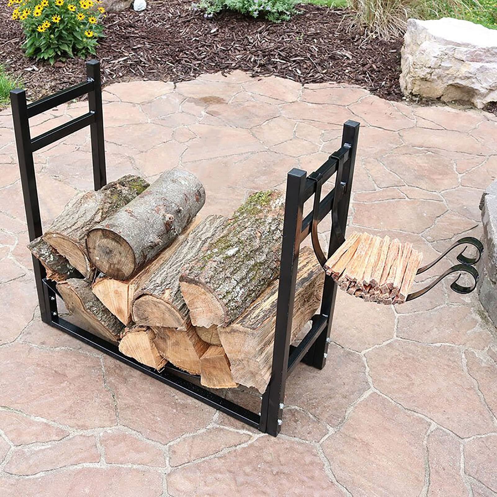 Portalegna da ardere in metallo resistente nero, scaffale per legna da ardere alto 78 cm, ripiano per accessori per caminetto da esterno, resistente alla ruggine, facile da montare