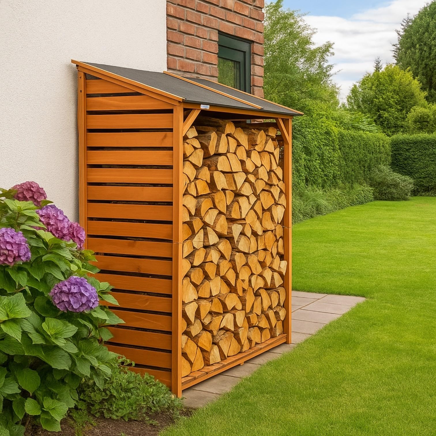Legnaia in Legno Impregnato da Esterno con Tettoia – Portalegna da Giardino Coperto per Legna da Ardere – Struttura 118x59x158 cm (Marrone Miele)