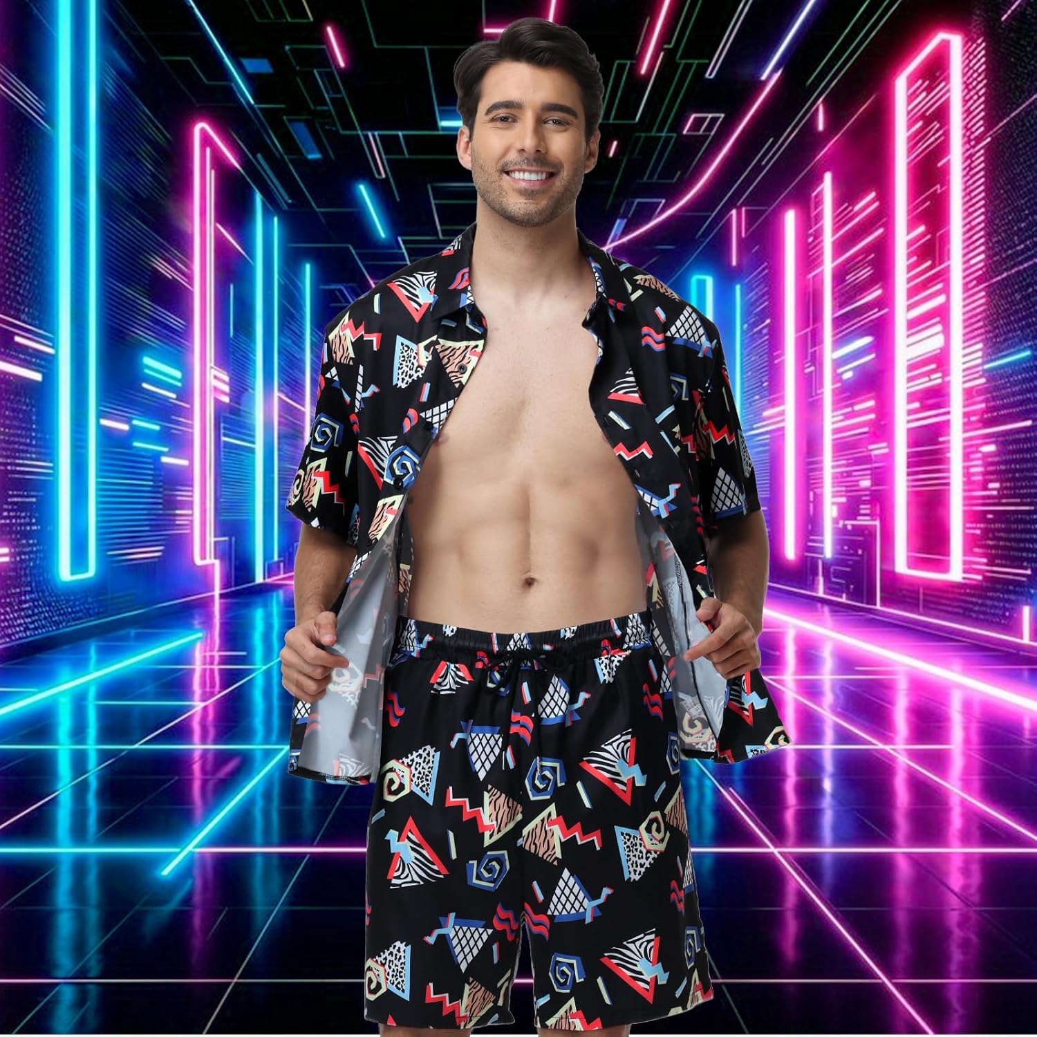 80s 90s Oufit for Men - 80s Themed Party Costume, Retro Hip-Hop Party Hawaiian Shirts and Short Set - Image 3