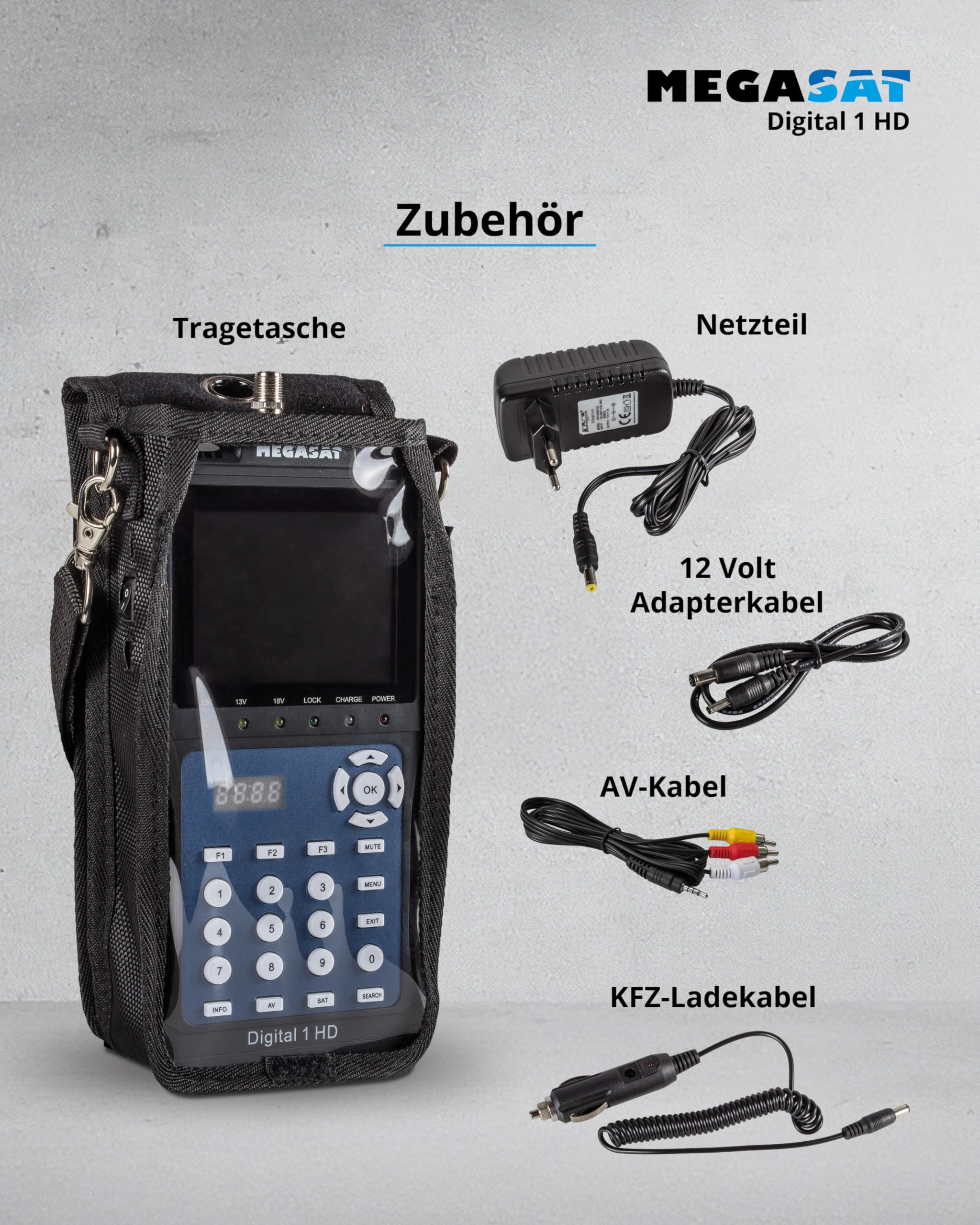 Megasat Digital 1 HD – Sat-Messgerät, Live-TV Bild, 3,5″ Farbdisplay | Für DVB-S & DVB-S2, Unicable, Akku