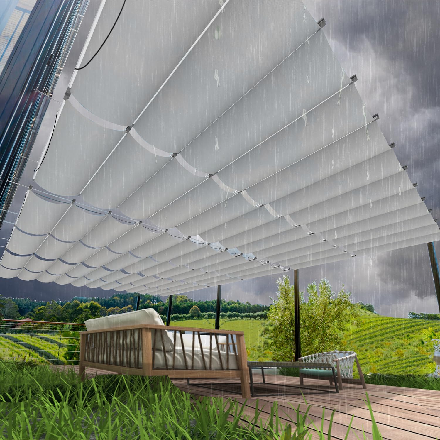 AwnPro 4' x 12' Retractable Waterproof Wave Awning Cover, Slip Rope Retractable Waterproof Shade Sail, Replacement Pergola Awning for Outdoor Gardens, Patios, Decks, and Gazebos (Light Gray)