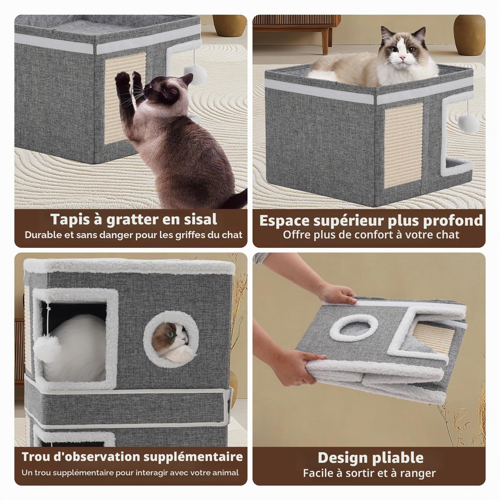 Maison pour Chat Pliable d'intérieur avec griffoir, Balle de Jeu, Niche pour Plusieurs Chats, Cube pour Chat, Maison Cube à Trois étages, lit pour Chat, 40x40x63 cm, Grise