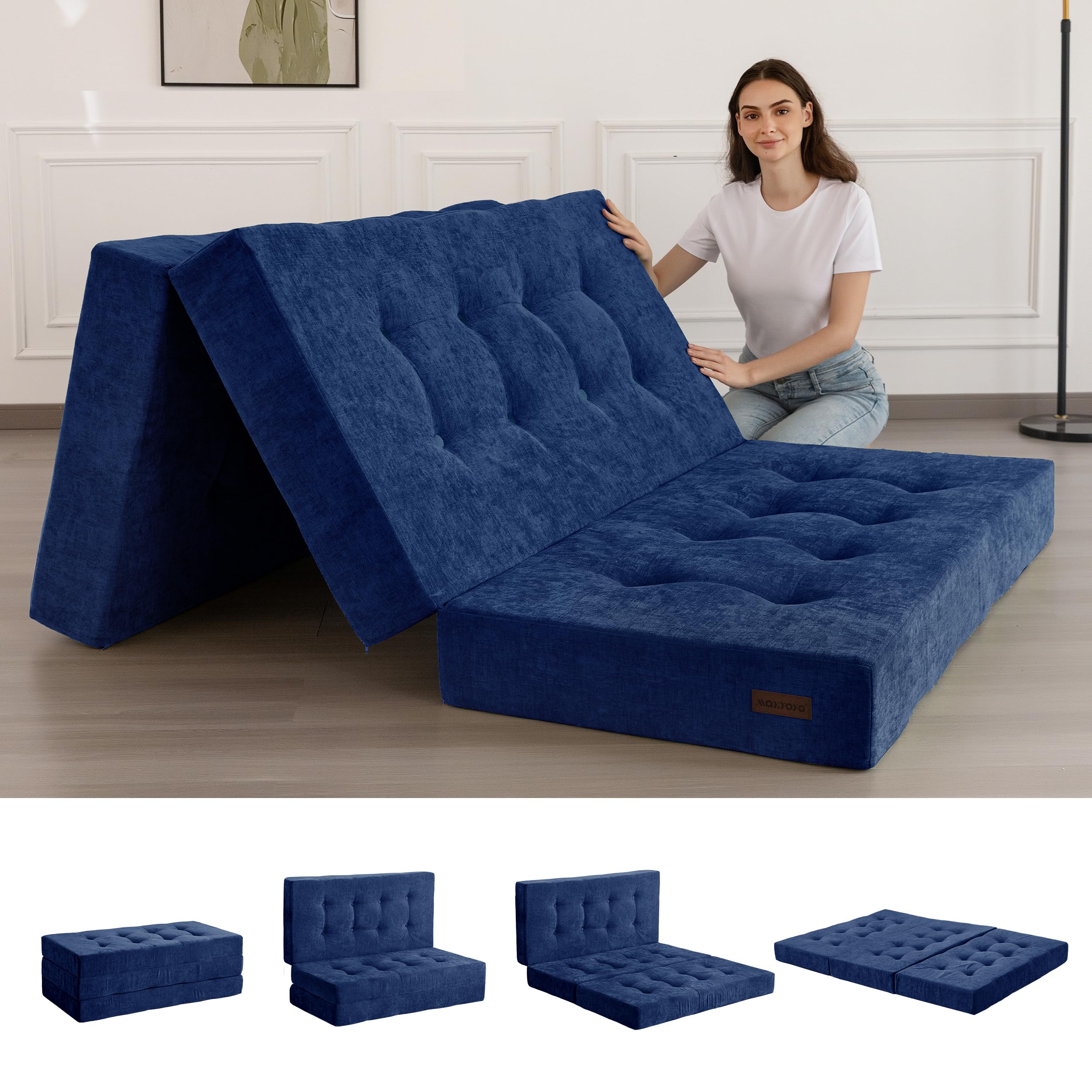 MAXYOYO Folding Mattress Single, 15cm Comfy Foldable Mattress with Chenille Fabric, Tri-Fold Floor Futon Sofa Bed for Guest, Foldable Topper for Camping