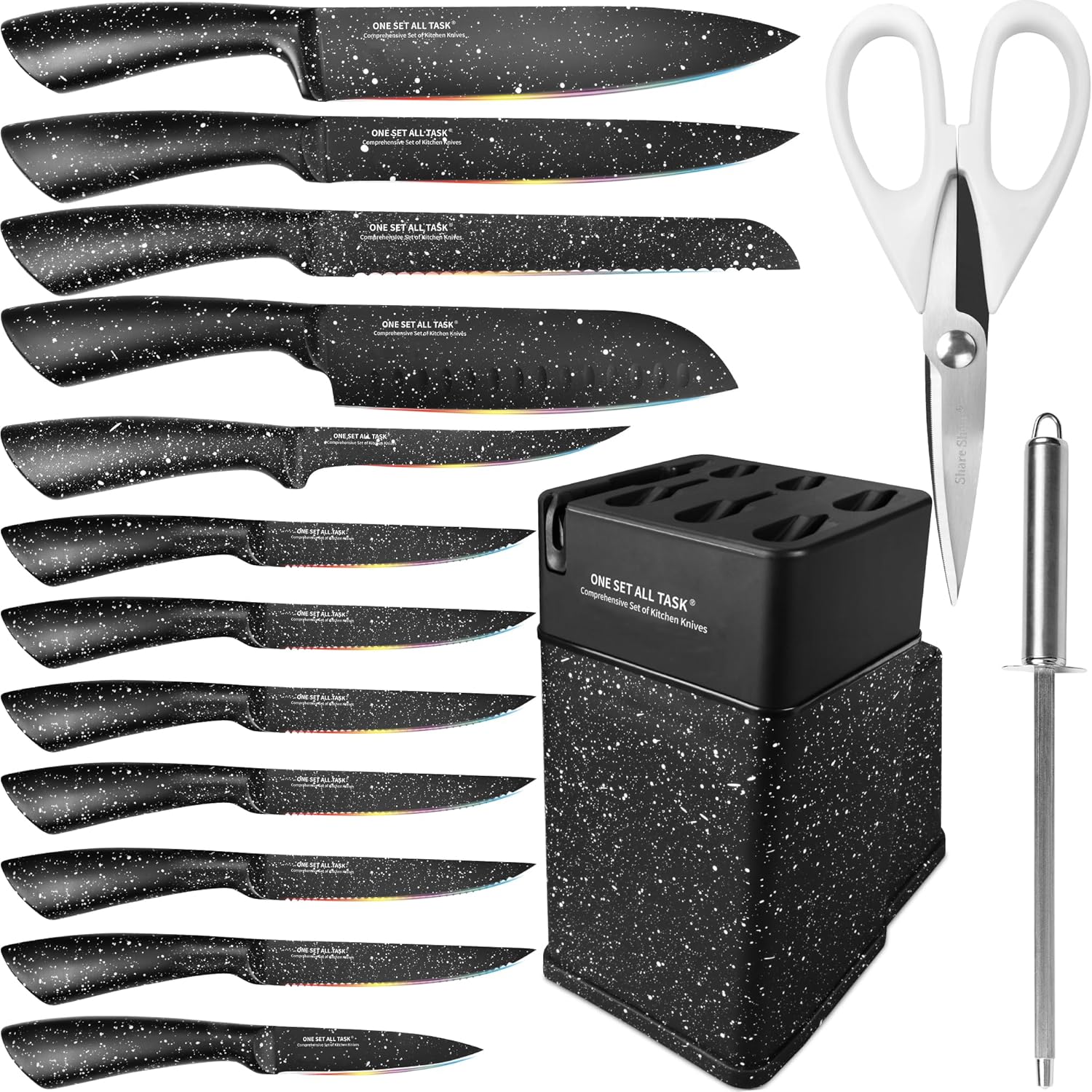 Knife Block Set,15 Pcs Kitchen Knives Set With Holder,Professional Japanese Chef Knife Set,Stainless Steel Carving Slicing Paring Bread Knife,Steak Knives,Resin Handle,Black Color Knife Block Set,15 Pcs Kitchen Knives Set With Holder,Professional Japanese Chef Knife Set,Stainless Steel Carving Slicing Paring Bread Knife,Steak Knives,Resin Handle,Black Color