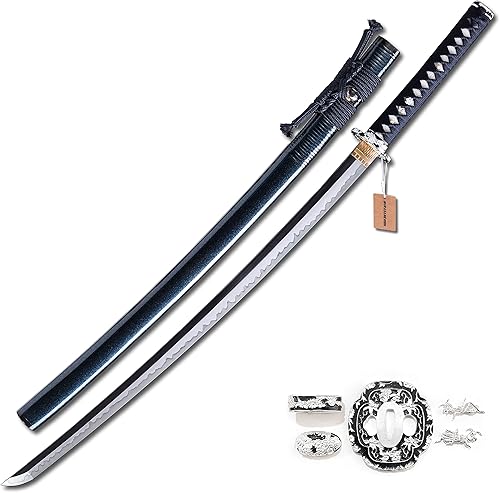 Miniatura 22 de MURASAME Katana Espada Real 41 pulgadas L6 Acero Arcilla Templado Bonito Hamon Muy Afilado Parte Superior Hecho A Mano color fantasía (Gilt),Negro
