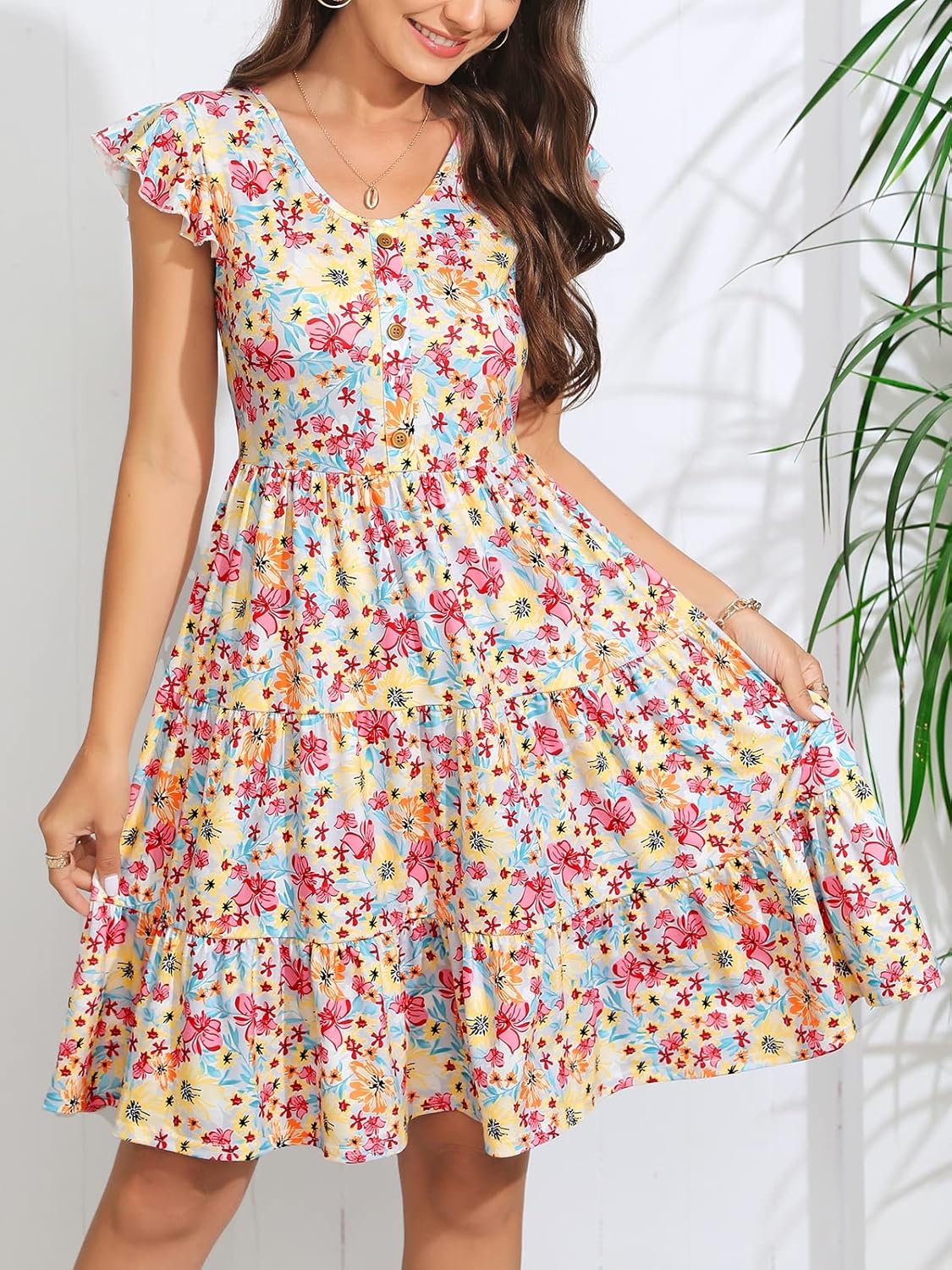 Lamilus Women's Casual Summer Dresses 2025 Ruffle Sleeves V-Neck Button Down Mini Dress Tiered Babydoll Swing Sundresses - Image 4