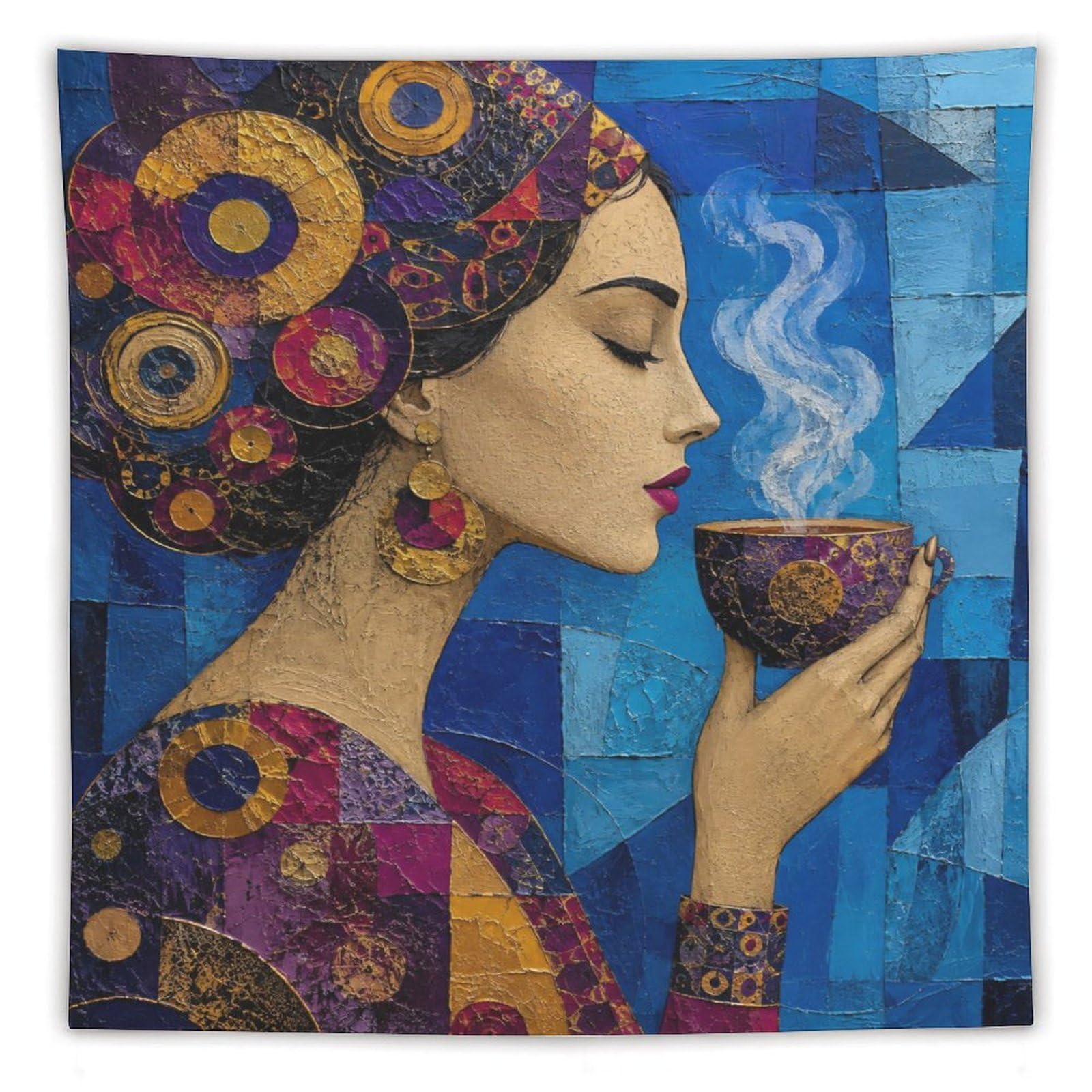 W7C8U2X3 Woman with Purple Headscarf Wall Tapestry, Mosaic, Cubist Mosaic
