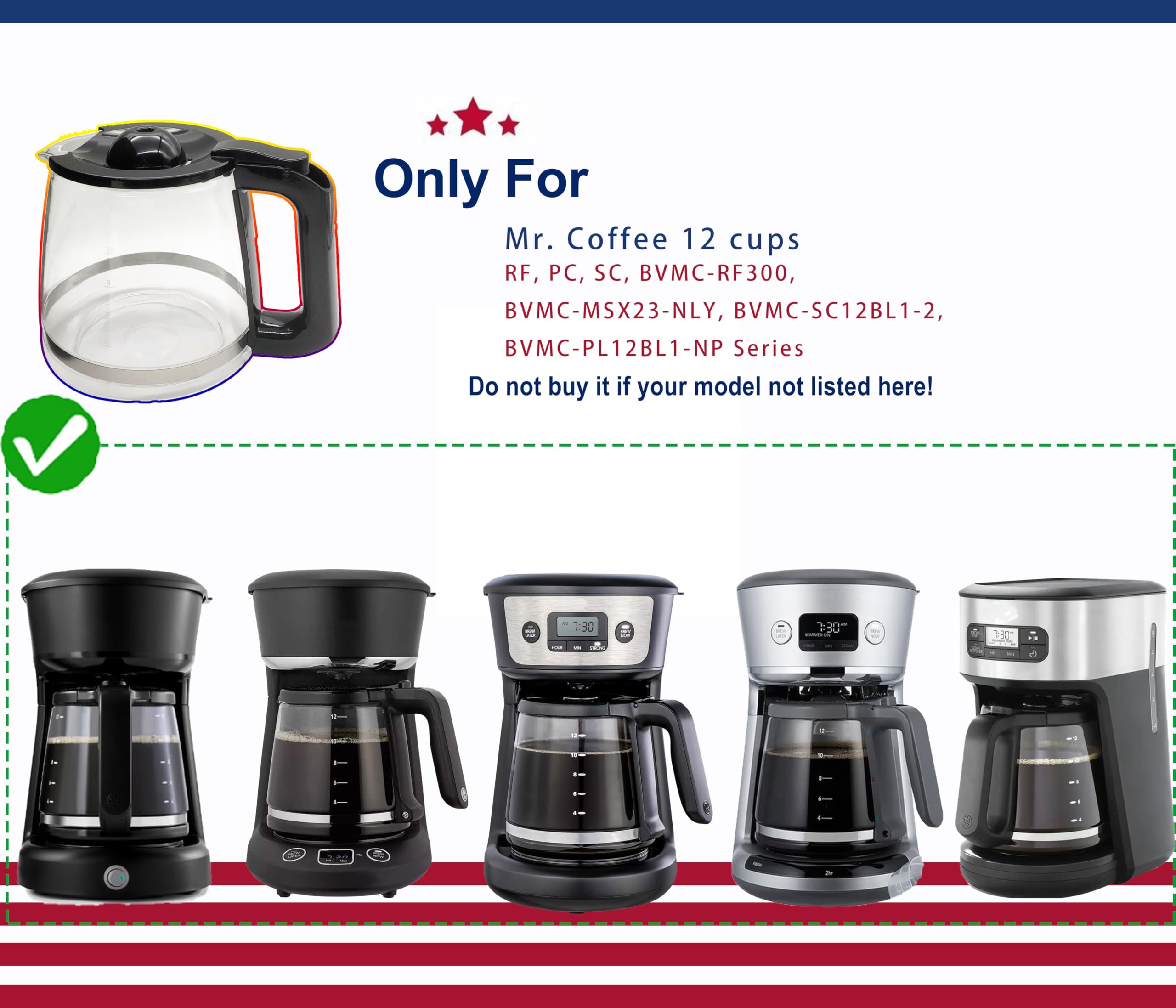 12 Cup Coffee Pot replacement Compatible Mr. Coffee replacement pot, Fit RF, LM, PC & SC series,BVMC-RF300, BVMC-MSX23, BVMC-MMX23,BVMC-SC12BL1-2,BVMC-PL12BL1-NP,BVMC-EM100 Series, Free coffee spoon