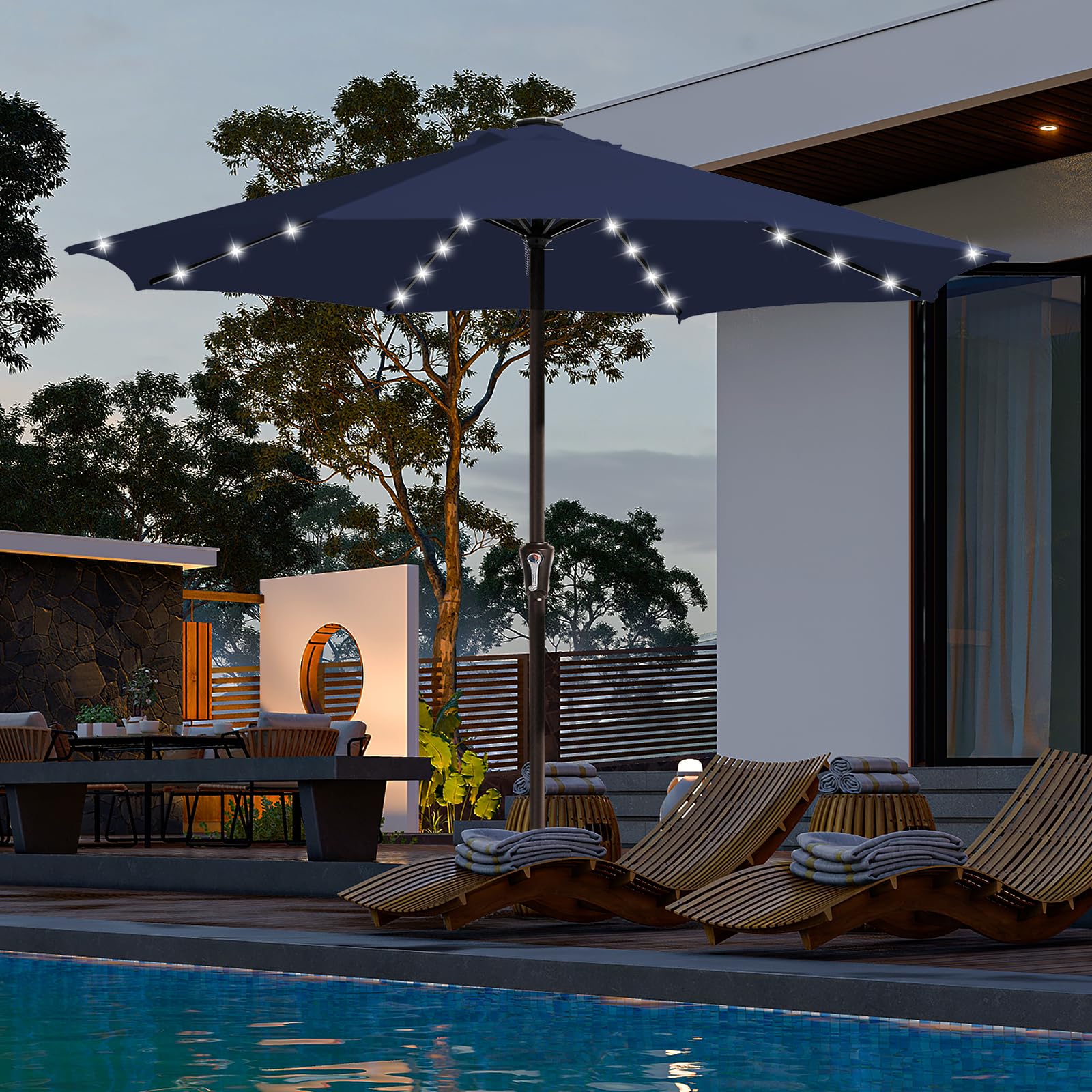 JEAREY Upgrade 11FT LED Lighted Patio Umbrella, Solar Outdoor Umbrella, Table Umbrella for Pool, Deck & Yard (Navy)