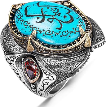 925 Sterling Silver Allah Islamic Arabic Muslim On Turquoise Stone Big Men's Ring Arabic Calligraphy Ring
