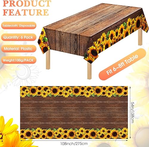 Miniatura 2 de Tegeme 6 manteles rústicos de plástico de grano de madera de girasol, manteles rectangulares vintage para mesa de campo, al aire libre, para mesa de