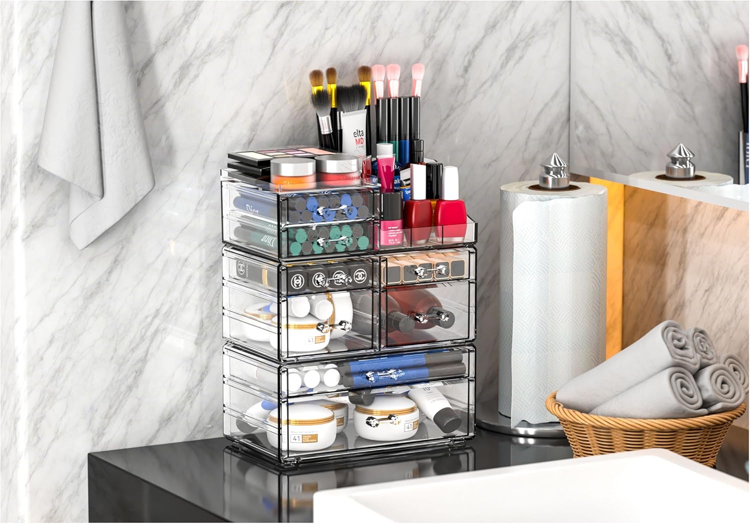 Cq acrylic Clear Make up Organizers for Vanity,Skincare Organizer With 8 Drawers for Dresser,Plastic Cute Desk Accessories Organization and Bathroom Organizers Storage Case Box for Beauty,Skin Care - Image 8