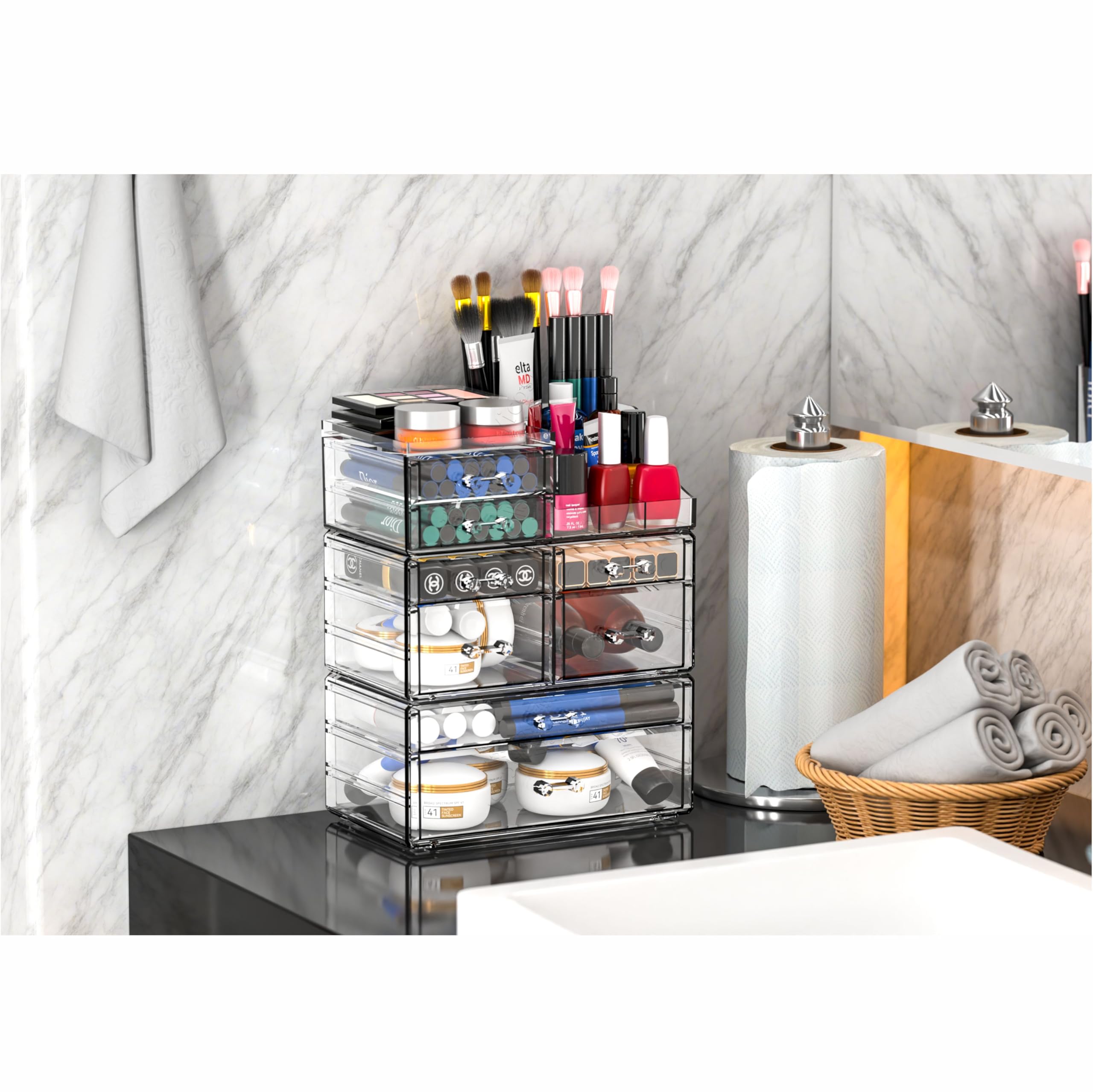 Cq Clear Acrylic Makeup Organizer with Stackable Drawers
