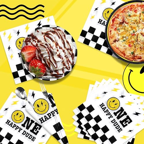 Miniatura 3 de 100 servilletas de cumpleaños con texto en inglés One Happy Dude  Servilletas de fiesta de cara sonriente amarilla, para decoración de cumpleaños o