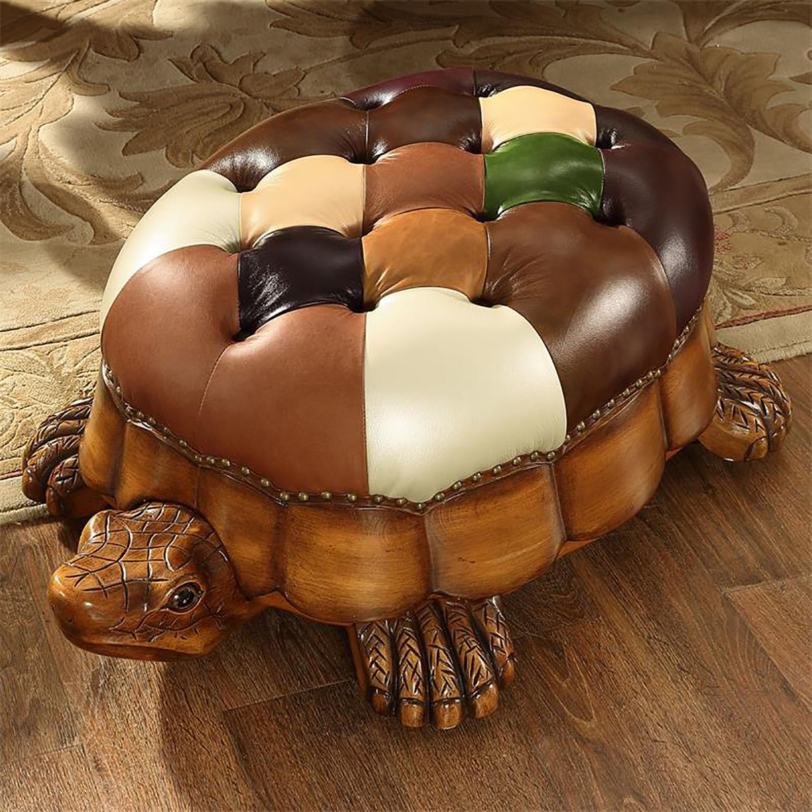 Mescxty A Solid Wood Tortoise Foot Stool,Leather Upholstered Footrest,Ottoman Footstool Sof Stool With Wheels,Vintage Shoes Bench Seat Chair For Living Room Bedroom,