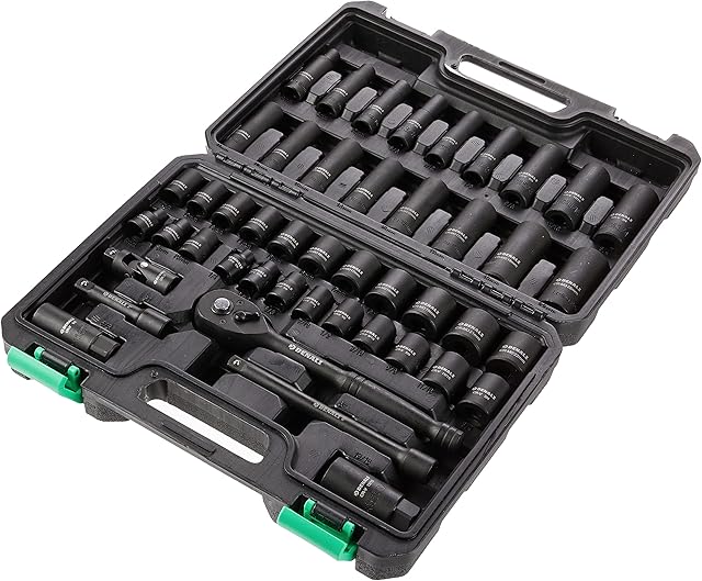 Amazon Brand - Denali 46-Piece 3/8-Inch Drive Shallow and Deep Socket Set and 72-Teeth Reversible Ratchet, SAE/Metric Size, with Carrying Case