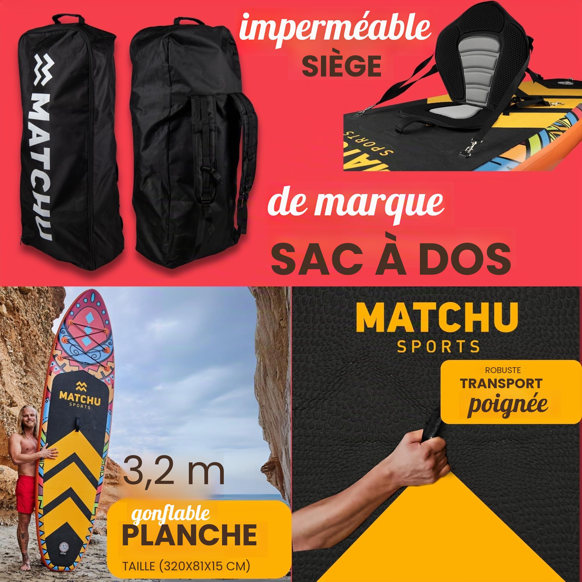 MATCHU - Paddle Gonflable - Stand Up Paddle - Ensemble Complet - Gonflable - Antidérapant - 320x81x15 CM - Capacité de Charge: 150 KG - pour 2 Personnes - pour Adultes et Enfants
