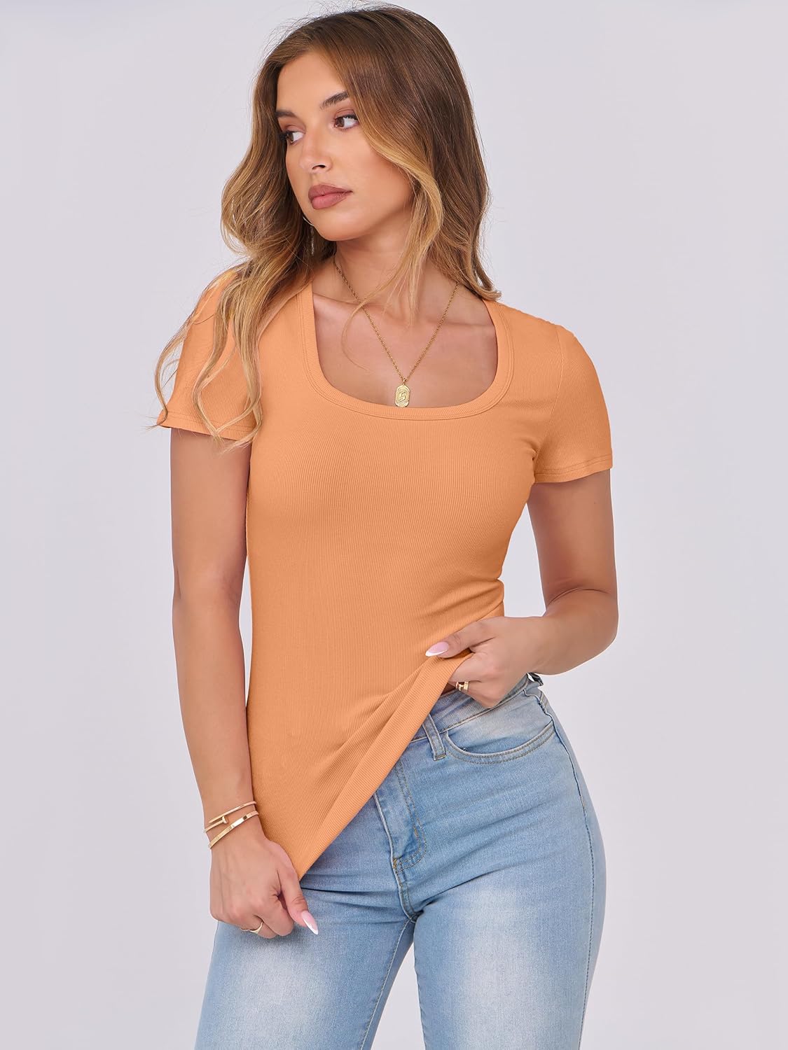 ANRABESS Women Short Sleeve Tops Scoop Neck Ribbed Knit Slim Fitted Basic Tee Shirt Casual Summer Clothes 2026 Spring Outfits - Image 7