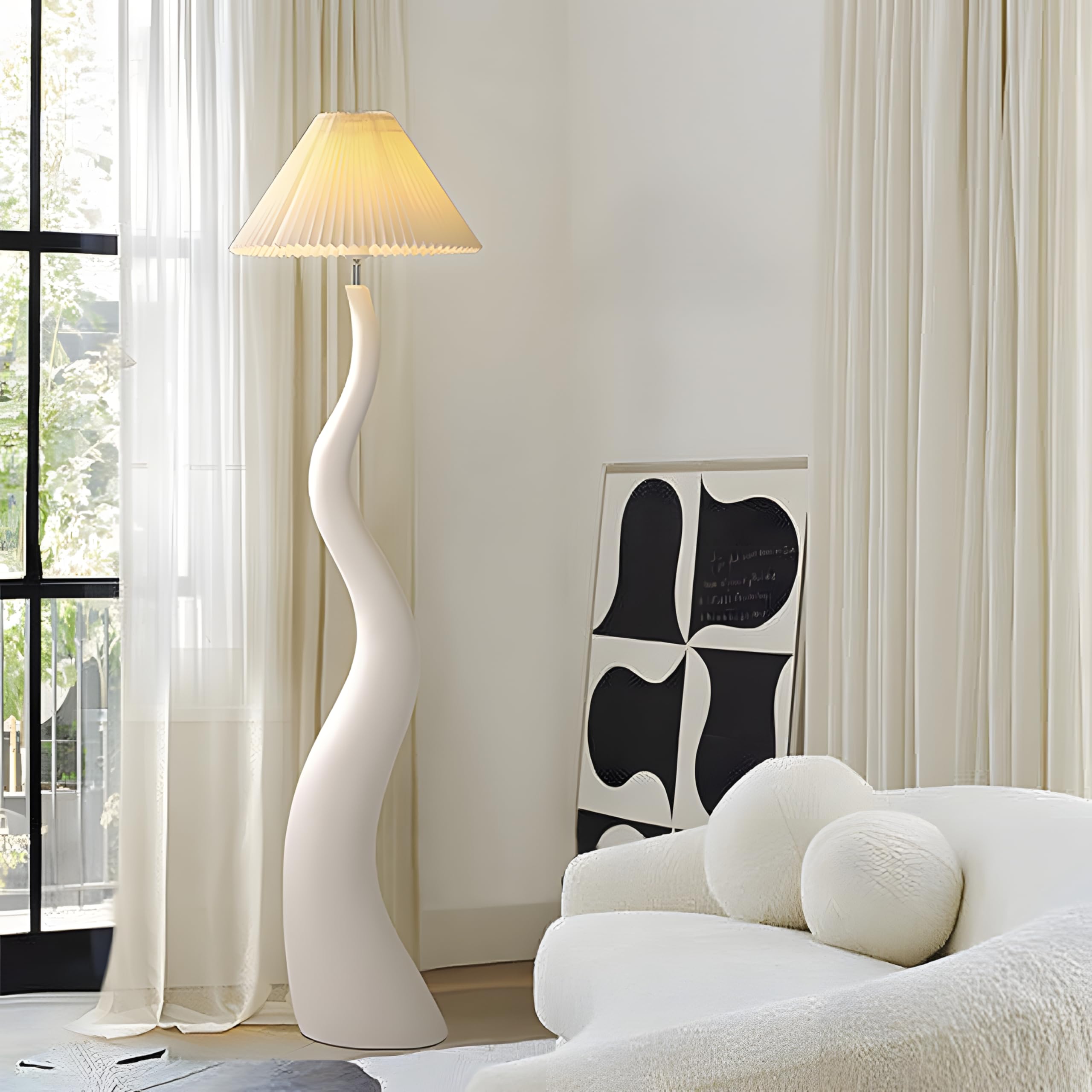 Lampada da Terra Moderna in Stile Art Déco Bianca per Soggiorno, 64,96 Pollici, lampade da Terra Alte con Interruttore a Pedale e Paralume Plissettato, Luce LED in Resina Bianca PE