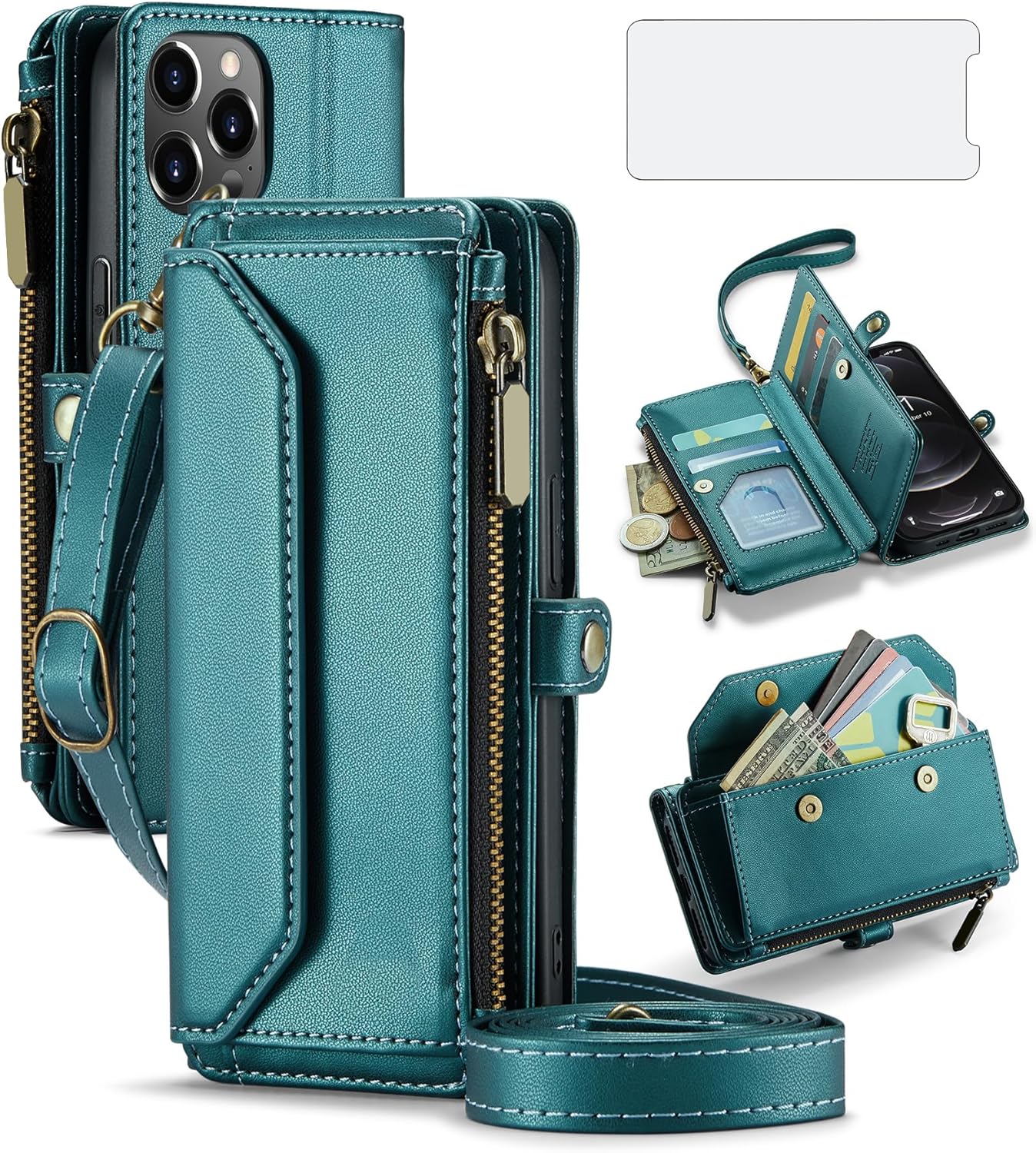 Asuwish Phone Case for iPhone 12 Pro iPhone12 6.1 Zipper Wallet Cover with Tempered Glass Screen Protector and Flip RFID Blocking Credit Card Holder Cell iPhone12pro 5G i 12s 12pro Women Girls Green