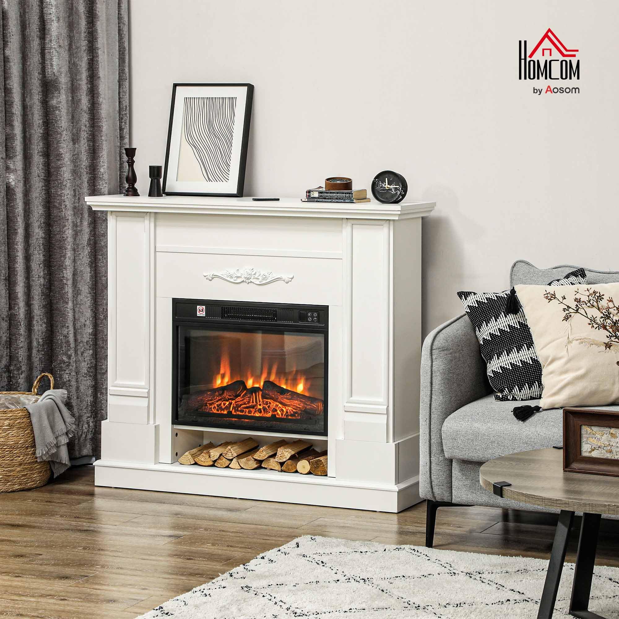 HOMCOM Camino Elettrico da Terra con Effetto Fiamma 3D e Ripiano, 177cm 1800W Caminetto Elettrico con Spegnimento Automatico, Termostato, Risacaldamento Regolabile, Timer e Telecomando, 30㎡, Bianco